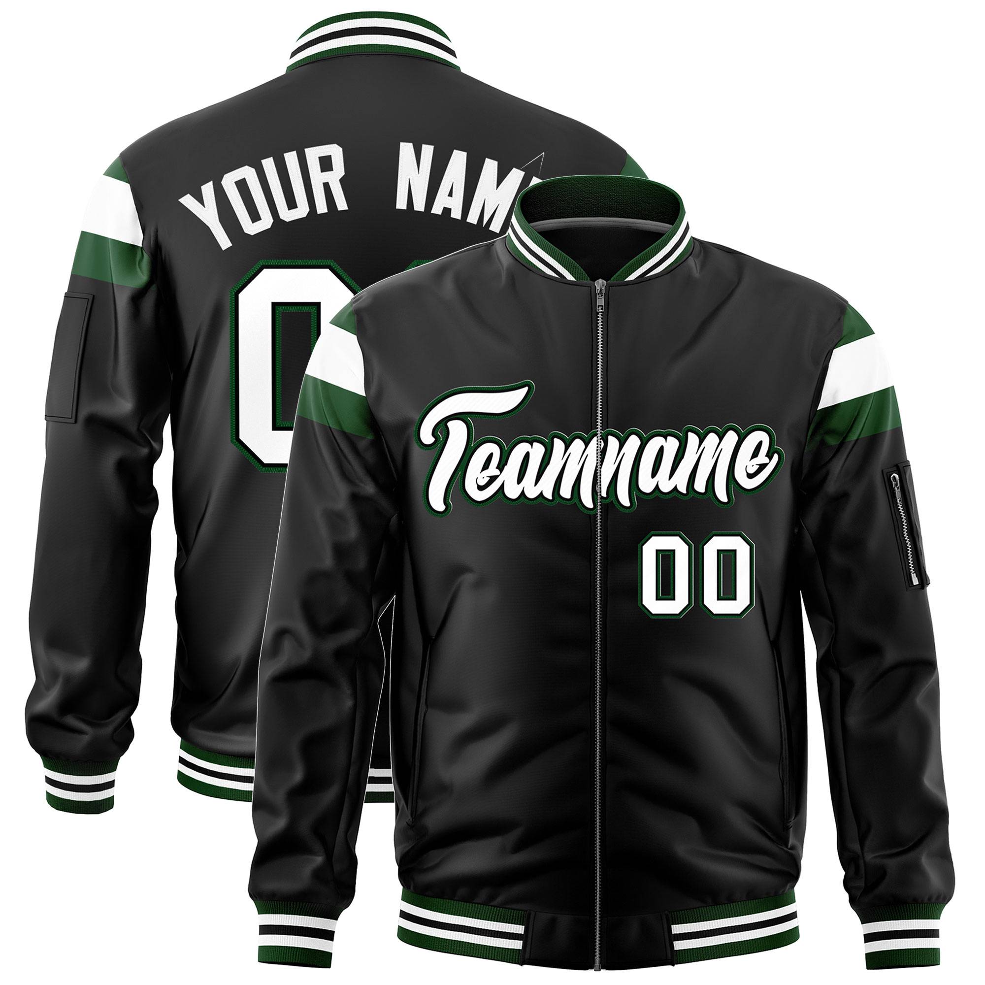 Custom Black Green-White Varsity Full-Zip Shoulder Color Block Letterman Bomber Jacket