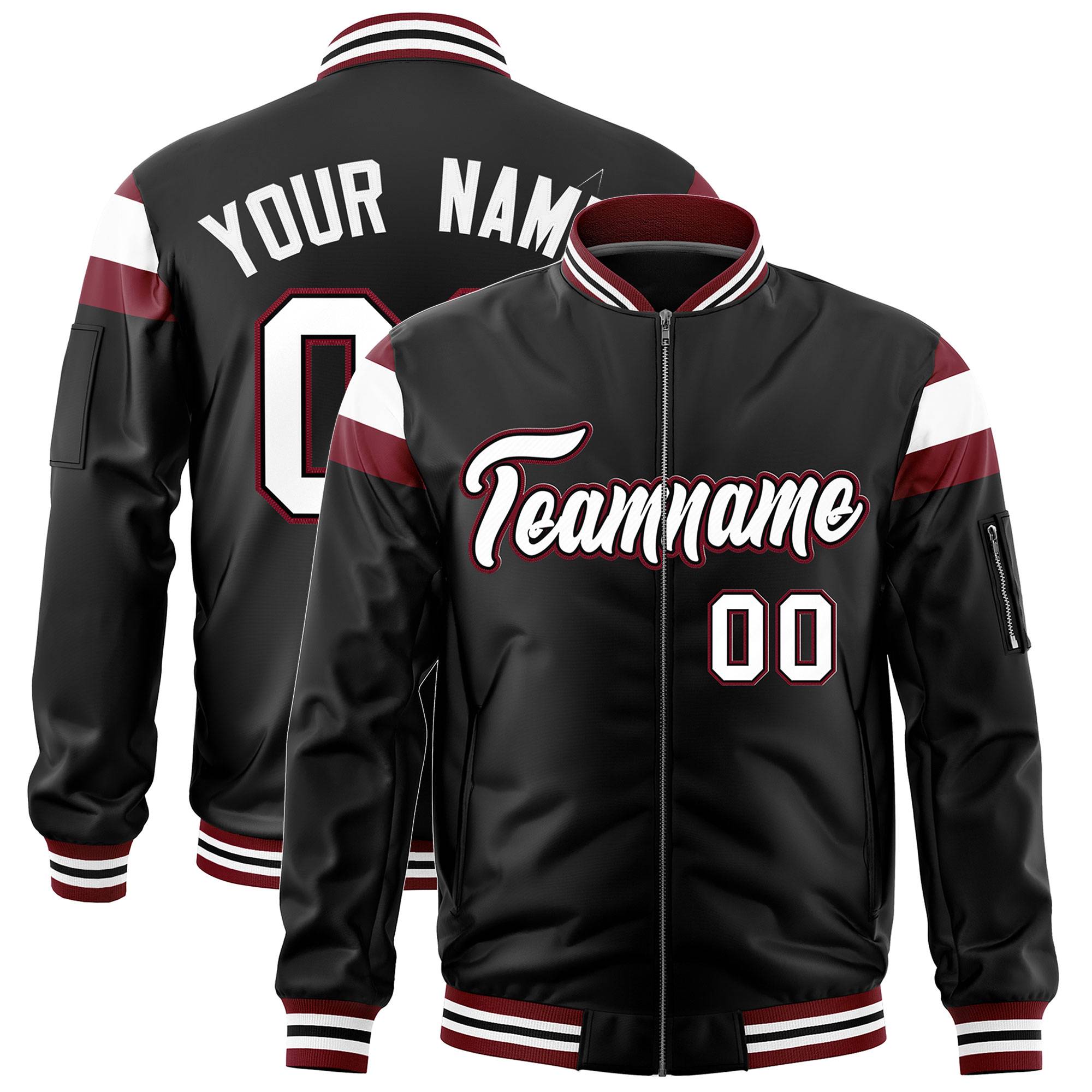 Custom Black Crimson-White Varsity Full-Zip Shoulder Color Block Letterman Bomber Jacket