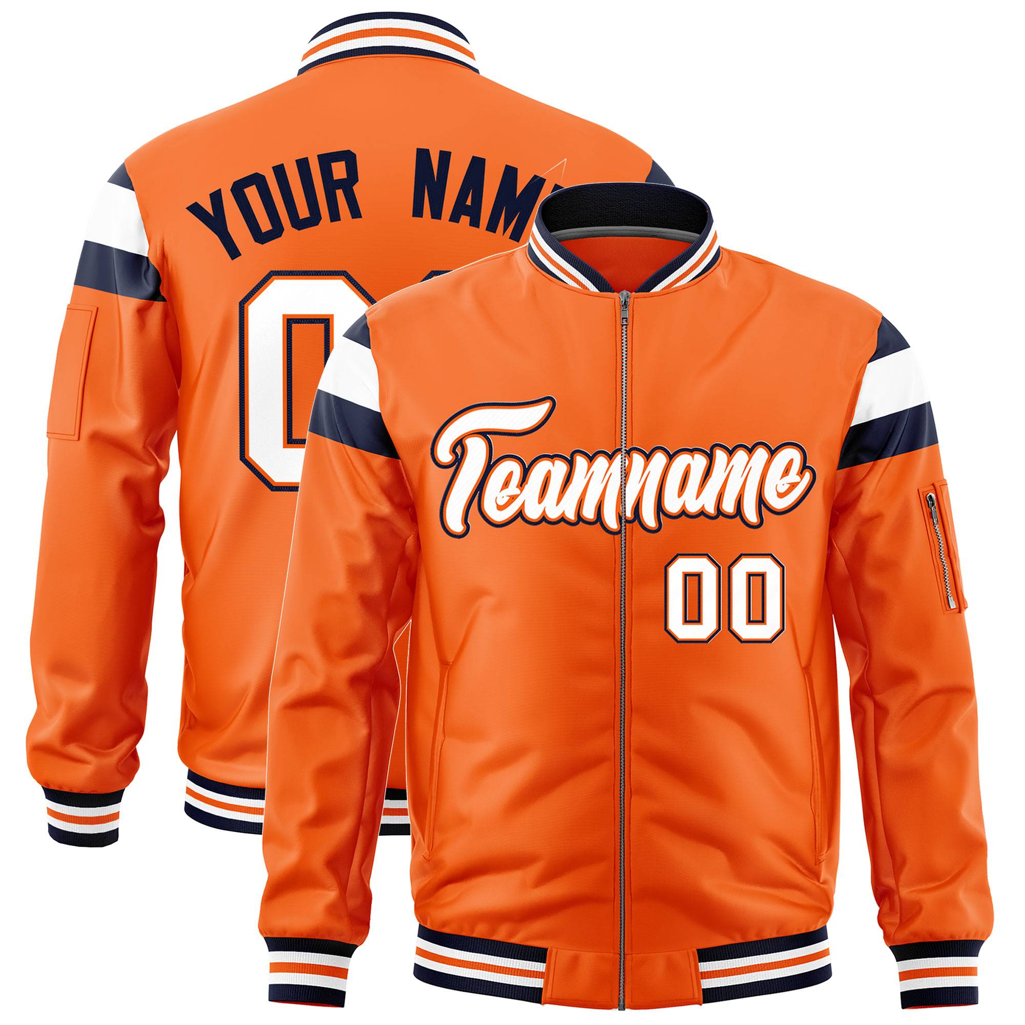 Custom Orange Navy-White Varsity Full-Zip Shoulder Color Block Letterman Bomber Jacket