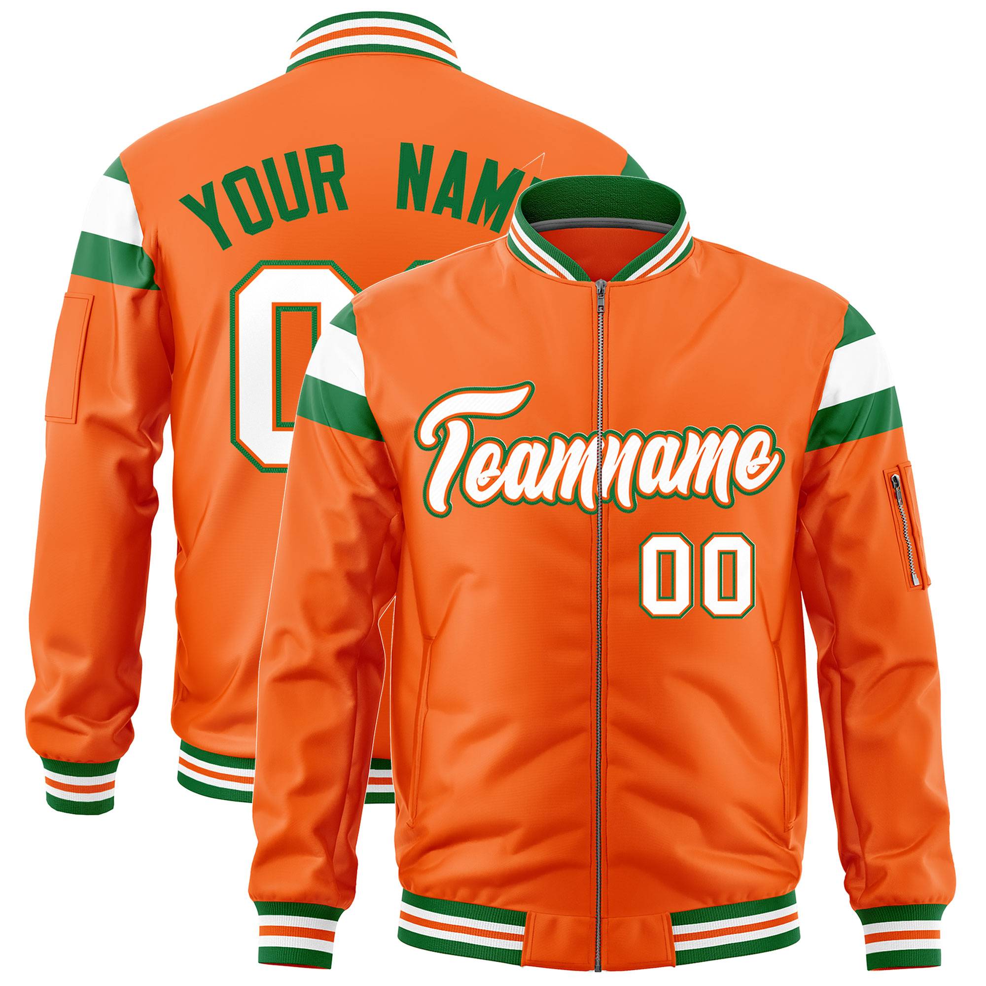 Custom Orange Kelly Green-White Varsity Full-Zip Shoulder Color Block Letterman Bomber Jacket