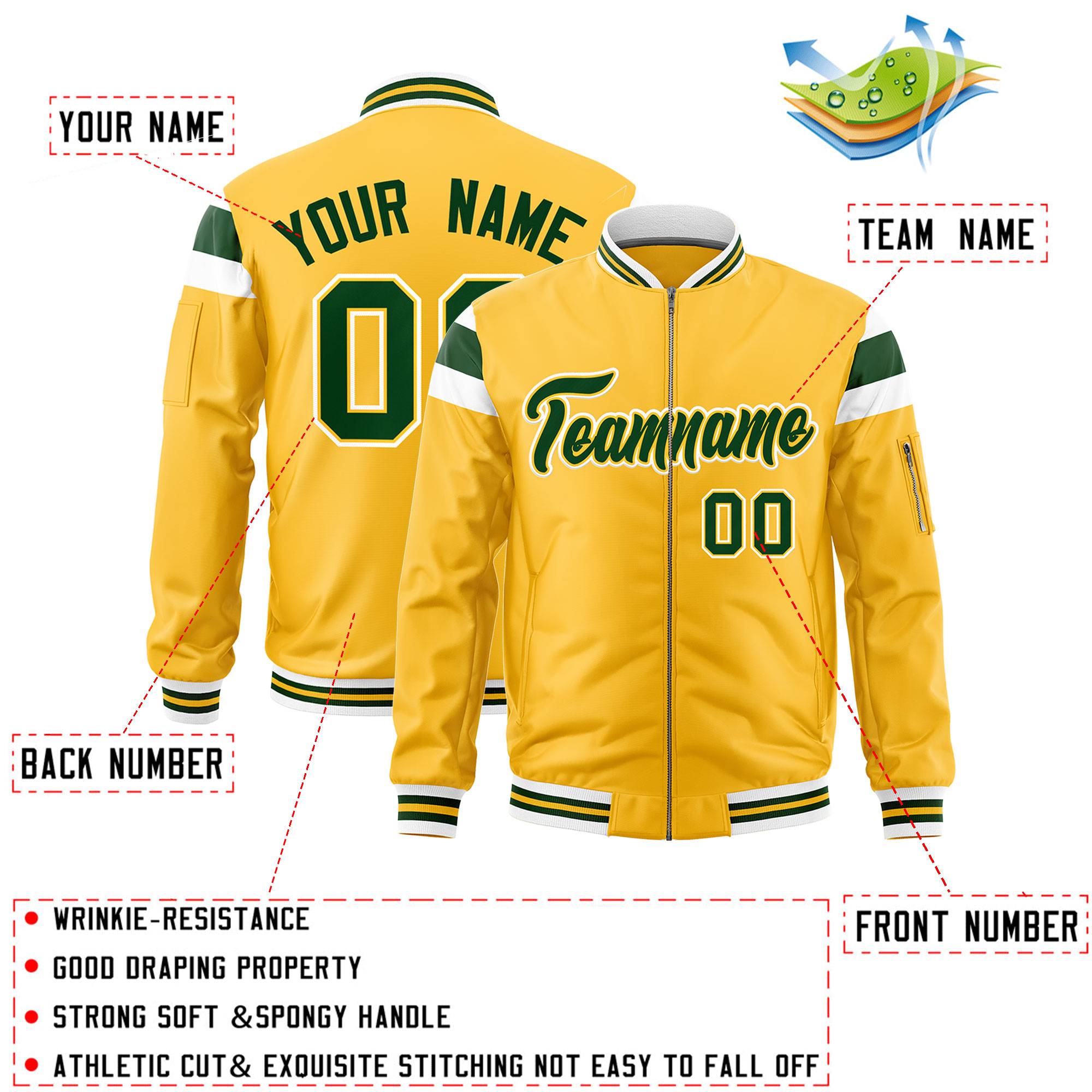 Custom Gold White-Green Varsity Full-Zip Shoulder Color Block Letterman Bomber Jacket