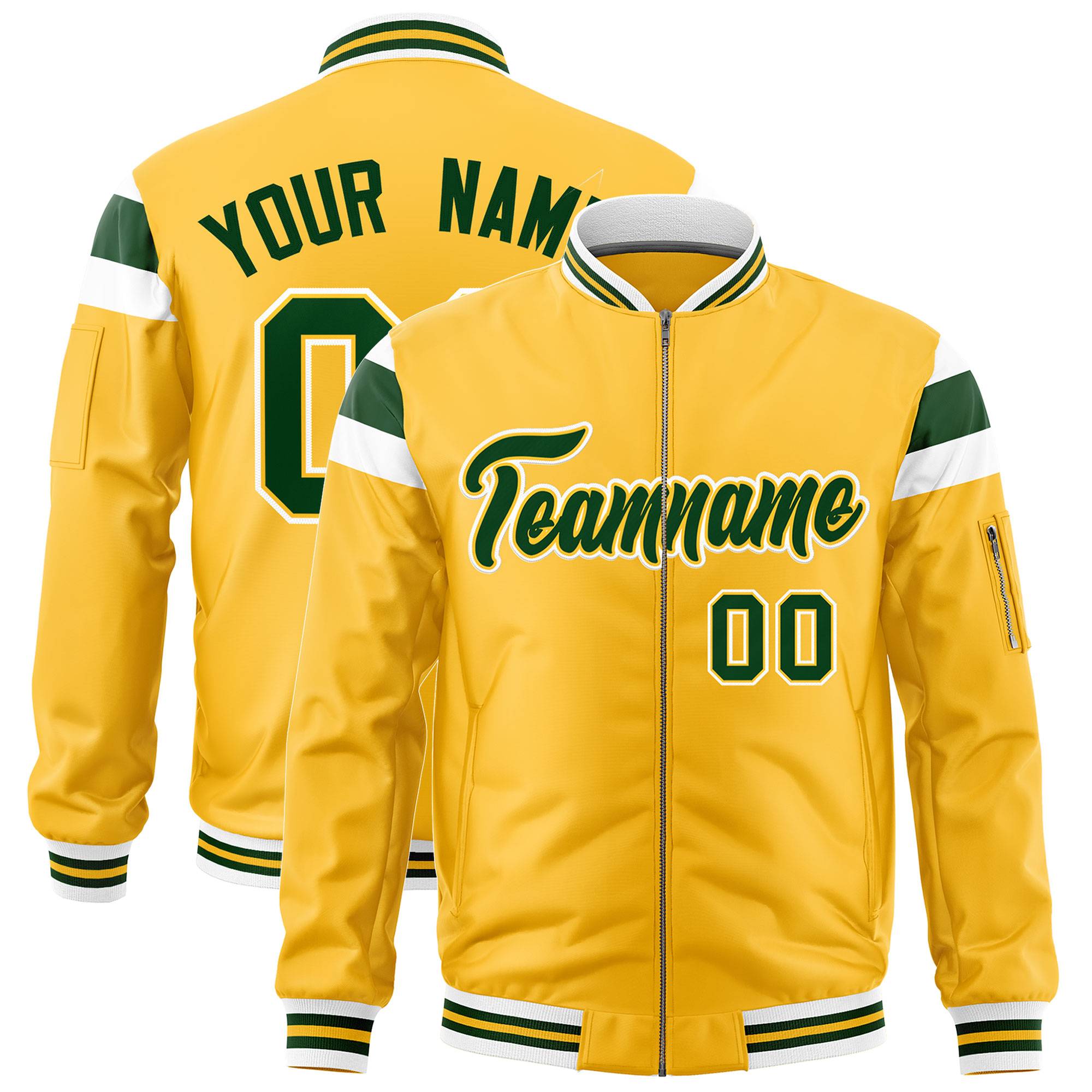 Custom Gold White-Green Varsity Full-Zip Shoulder Color Block Letterman Bomber Jacket