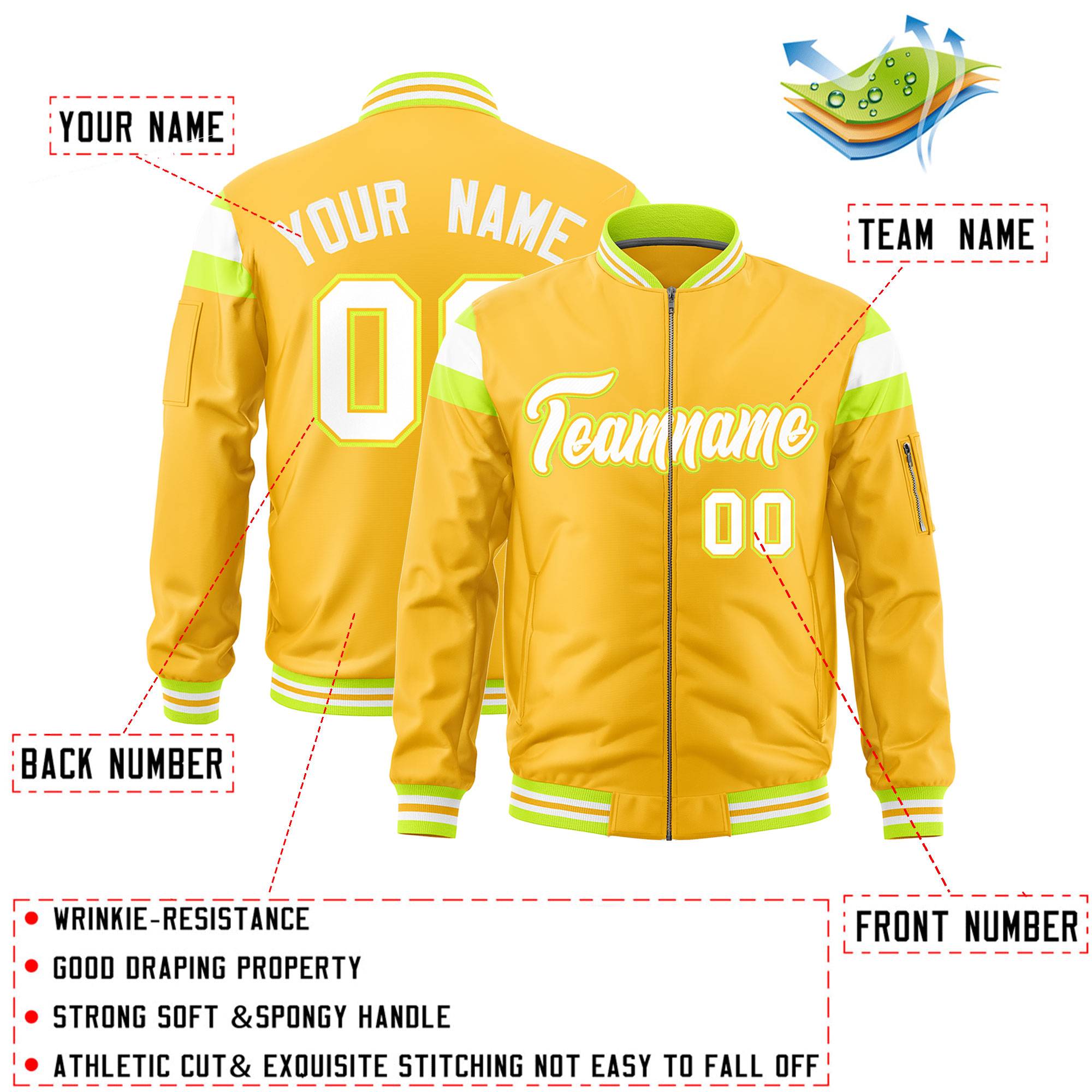 Custom Gold Fluorescent Green-White Varsity Full-Zip Shoulder Color Block Letterman Bomber Jacket