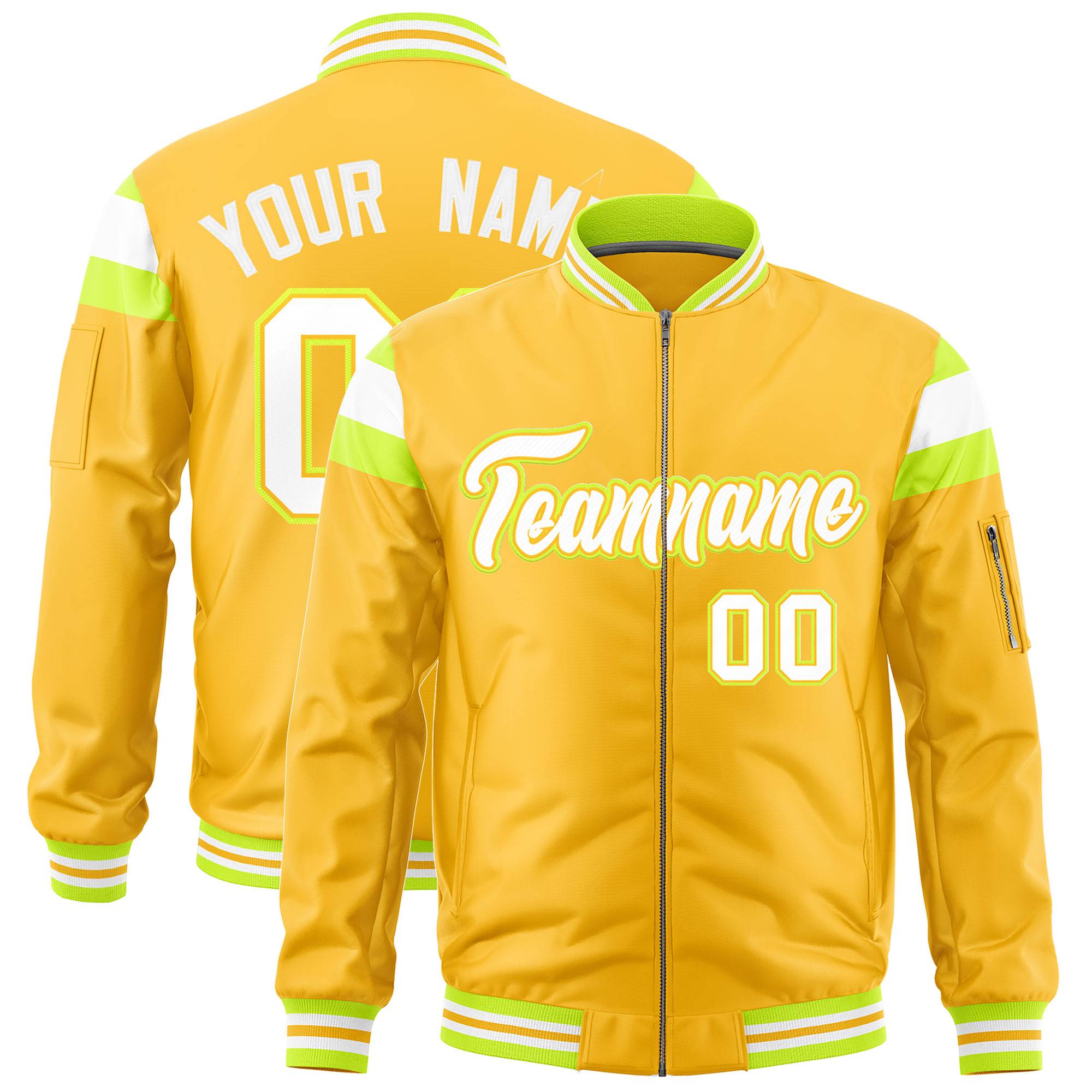 Custom Gold Fluorescent Green-White Varsity Full-Zip Shoulder Color Block Letterman Bomber Jacket