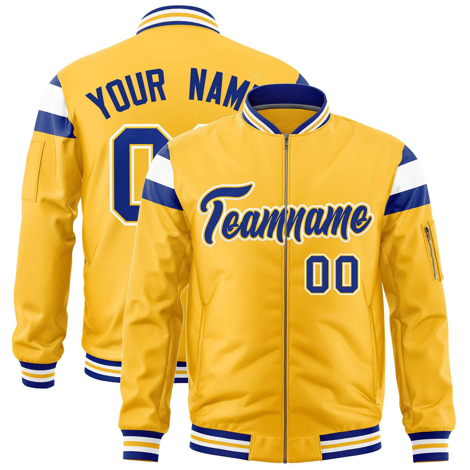 Custom Gold Royal-White Varsity Full-Zip Shoulder Color Block Letterman Bomber Jacket