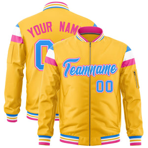 Custom Gold Powder Blue-White Varsity Full-Zip Shoulder Color Block Letterman Bomber Jacket