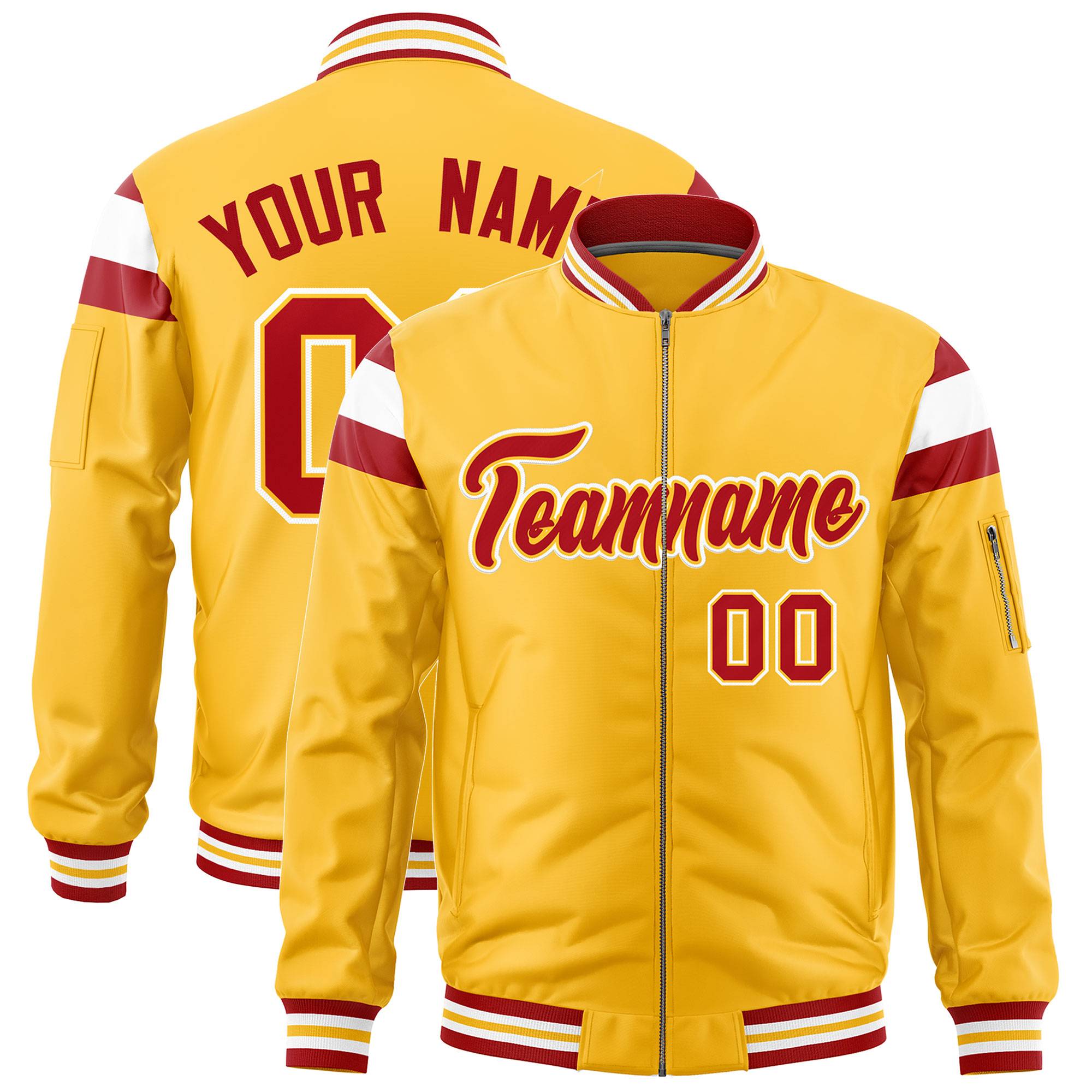 Custom Gold Red-White Varsity Full-Zip Shoulder Color Block Letterman Bomber Jacket