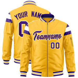 Custom Gold Purple-White Varsity Full-Zip Shoulder Color Block Letterman Bomber Jacket