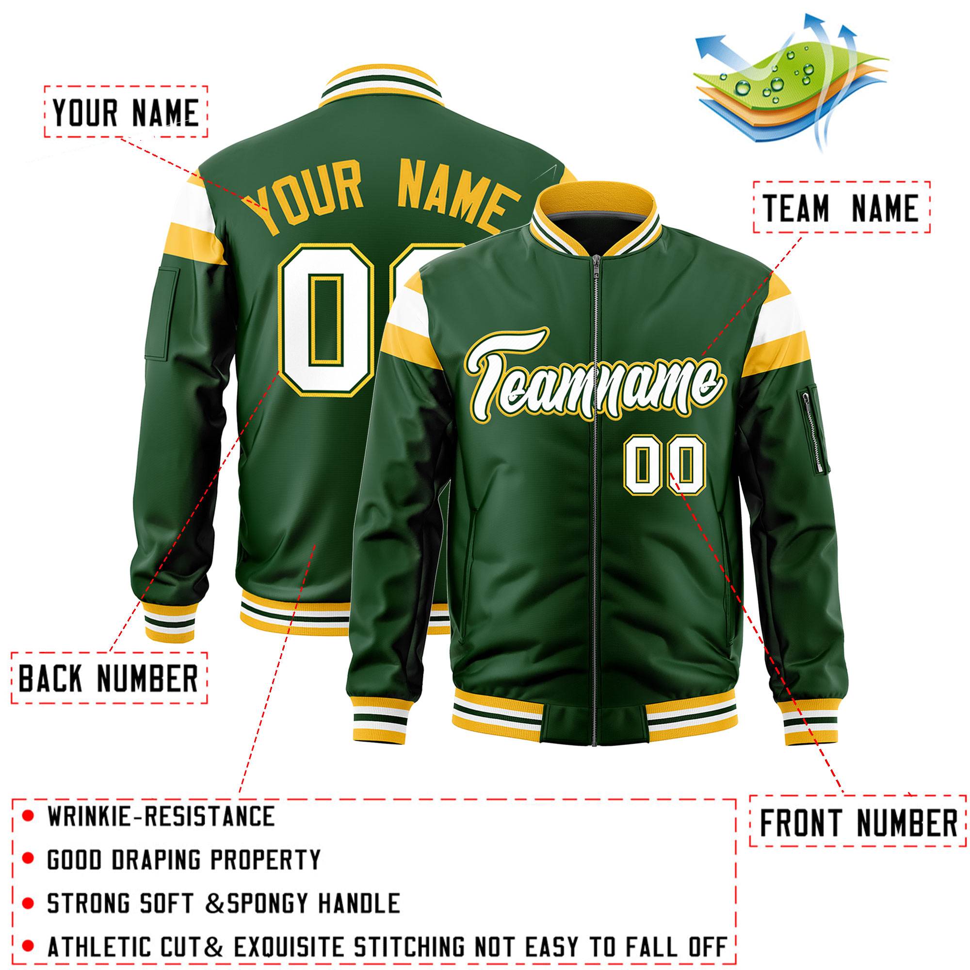 Custom Green Gold-White Varsity Full-Zip Shoulder Color Block Letterman Bomber Jacket