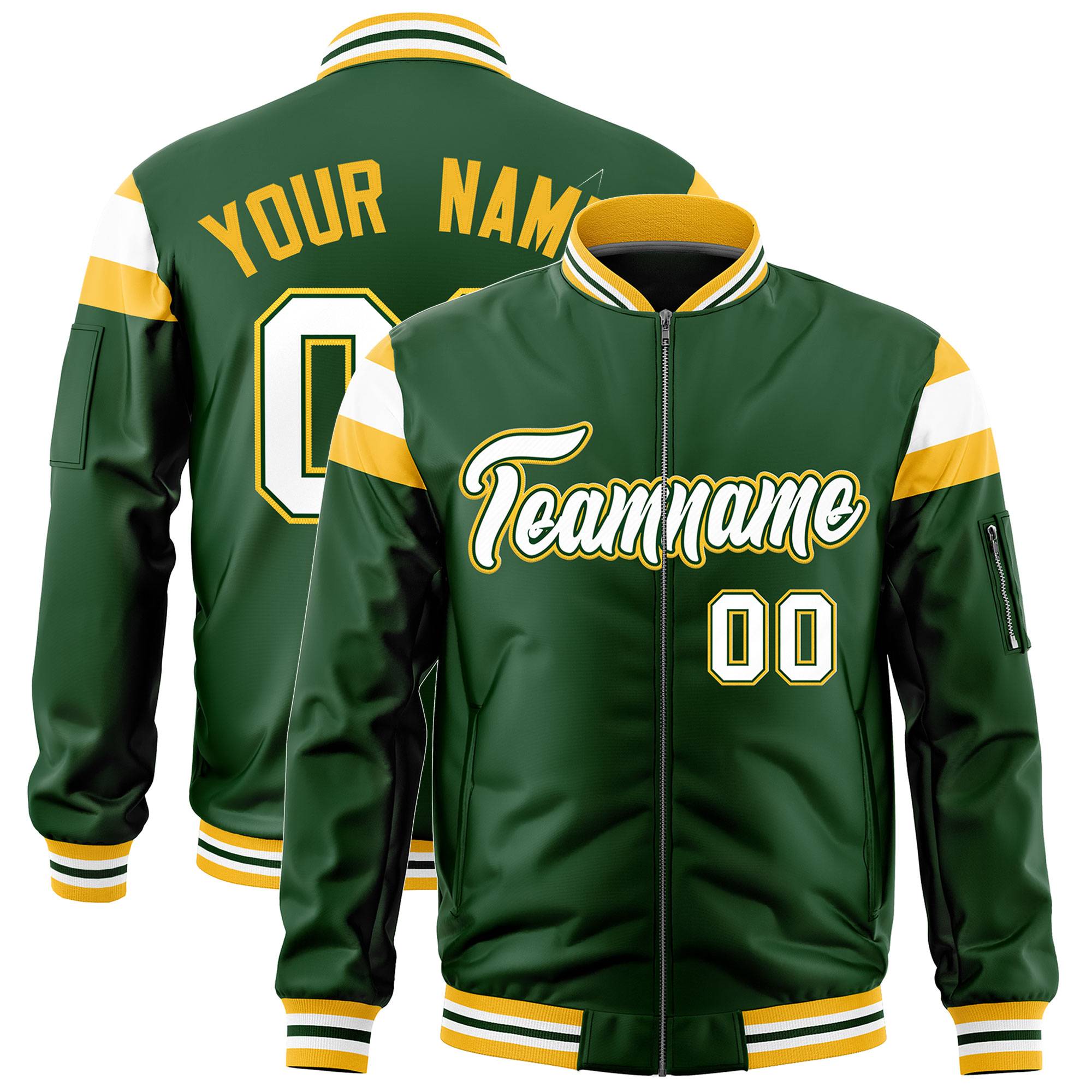 Custom Green Gold-White Varsity Full-Zip Shoulder Color Block Letterman Bomber Jacket