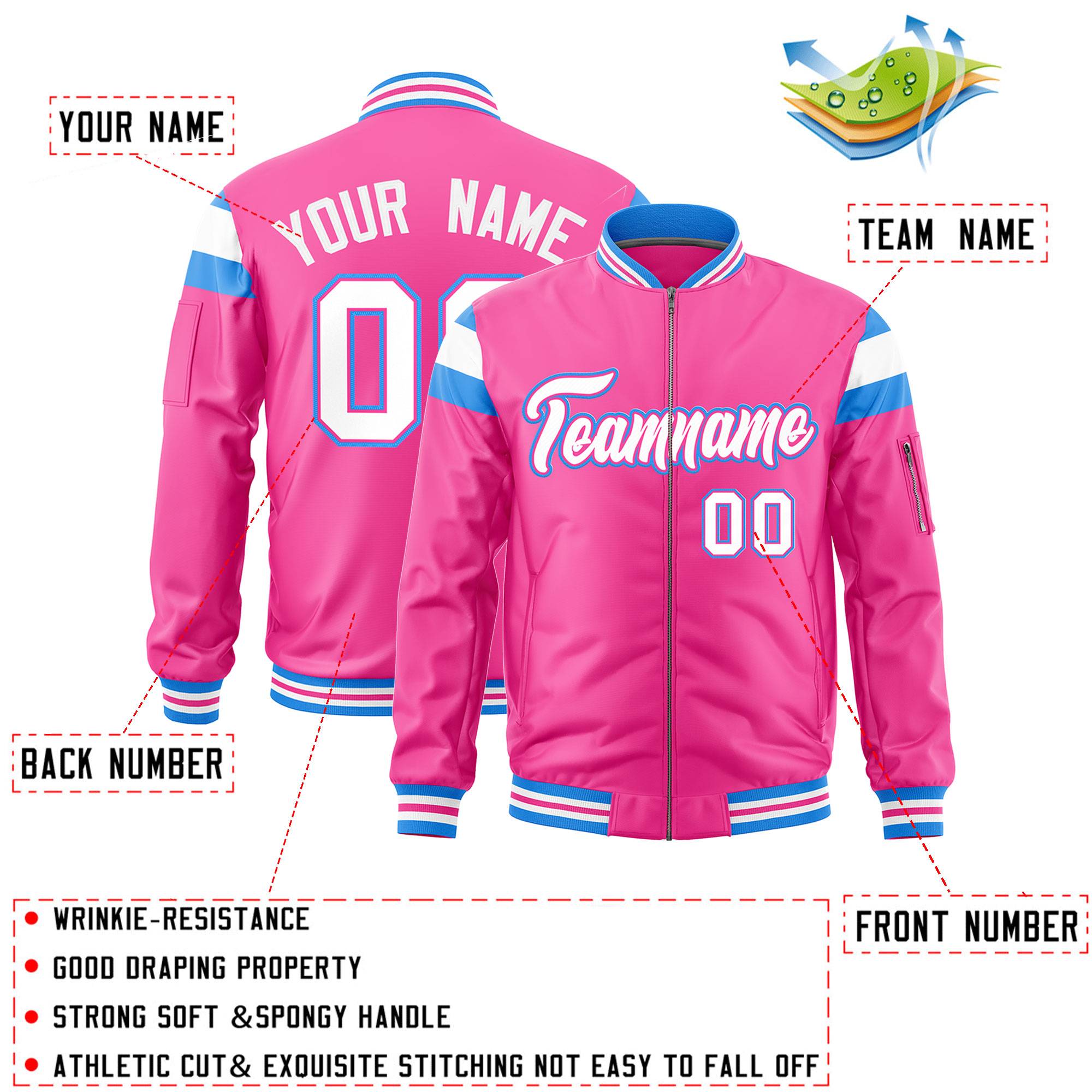 Custom Pink Powder Blue-White Varsity Full-Zip Shoulder Color Block Letterman Bomber Jacket