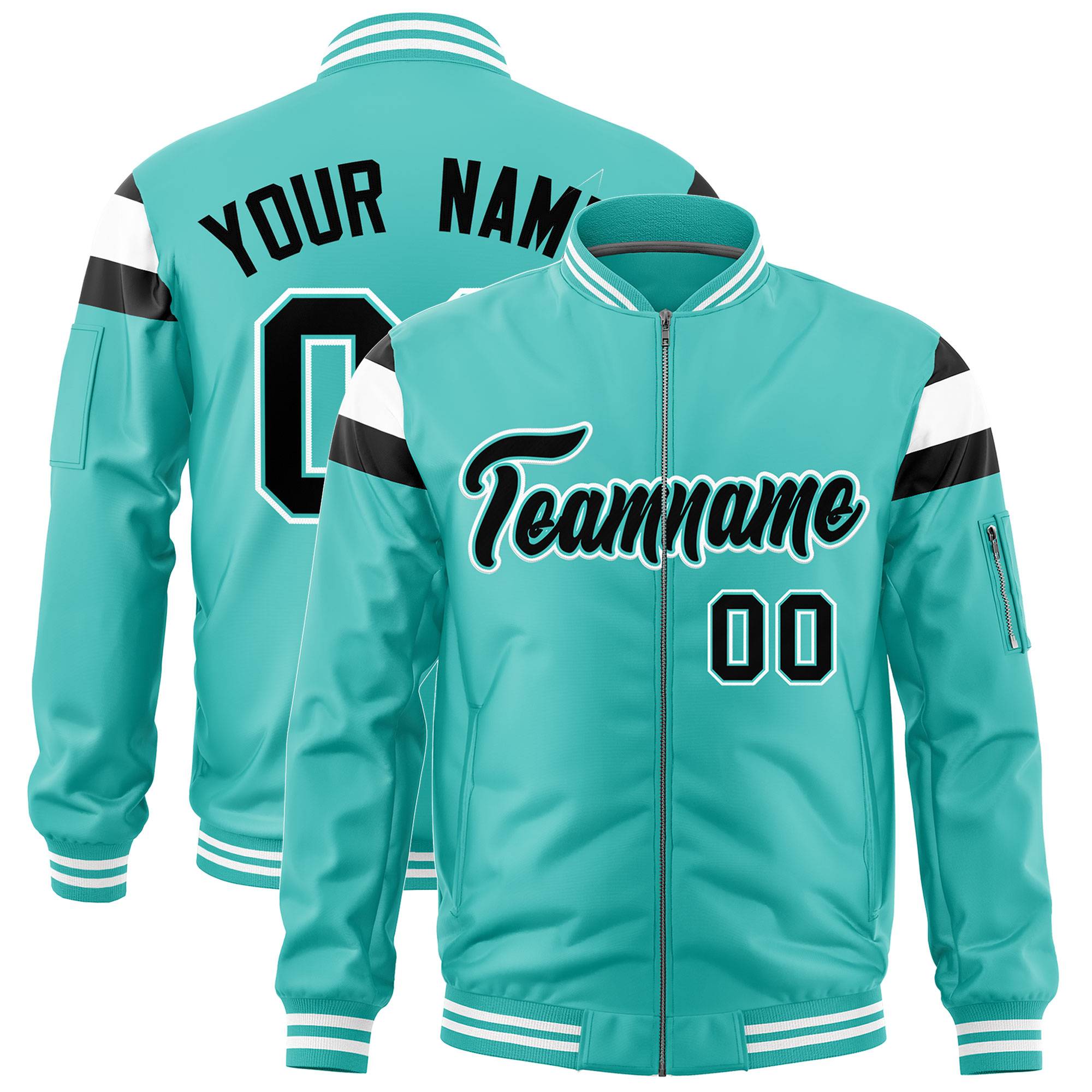 Custom Bright Green Black-White Varsity Full-Zip Shoulder Color Block Letterman Bomber Jacket