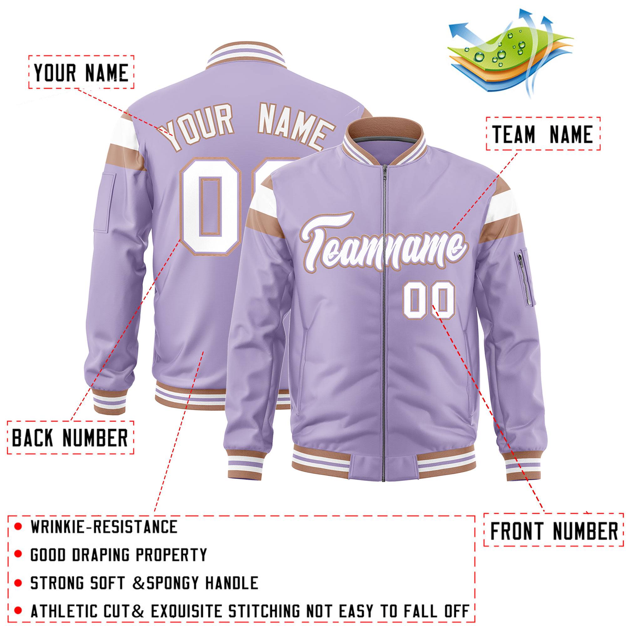 Custom Light Purple Coffee Brown-White Varsity Full-Zip Shoulder Color Block Letterman Bomber Jacket