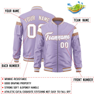 Custom Light Purple Coffee Brown-White Varsity Full-Zip Shoulder Color Block Letterman Bomber Jacket