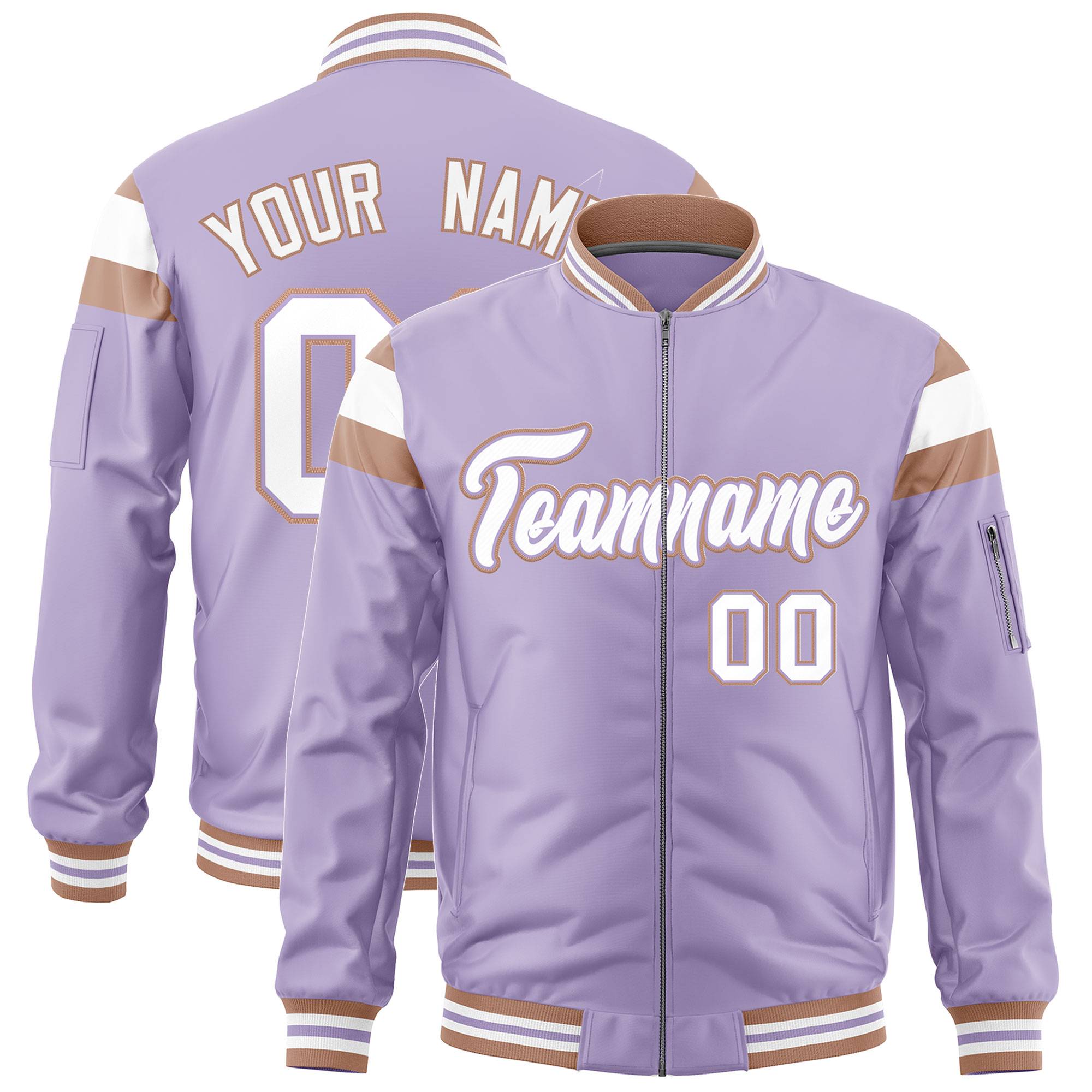 Custom Light Purple Coffee Brown-White Varsity Full-Zip Shoulder Color Block Letterman Bomber Jacket