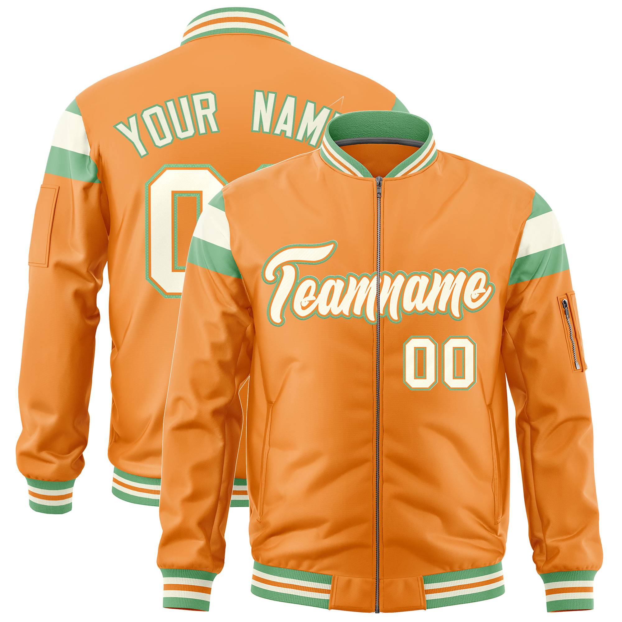 Custom Orange Light Green-Cream Varsity Full-Zip Shoulder Color Block Letterman Bomber Jacket