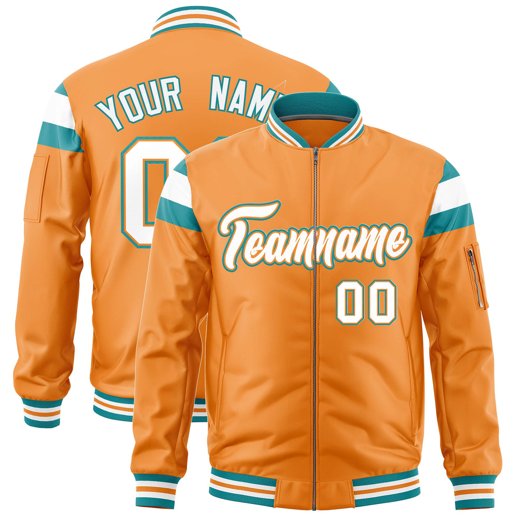 Custom Orange Aqua-White Varsity Full-Zip Shoulder Color Block Letterman Bomber Jacket