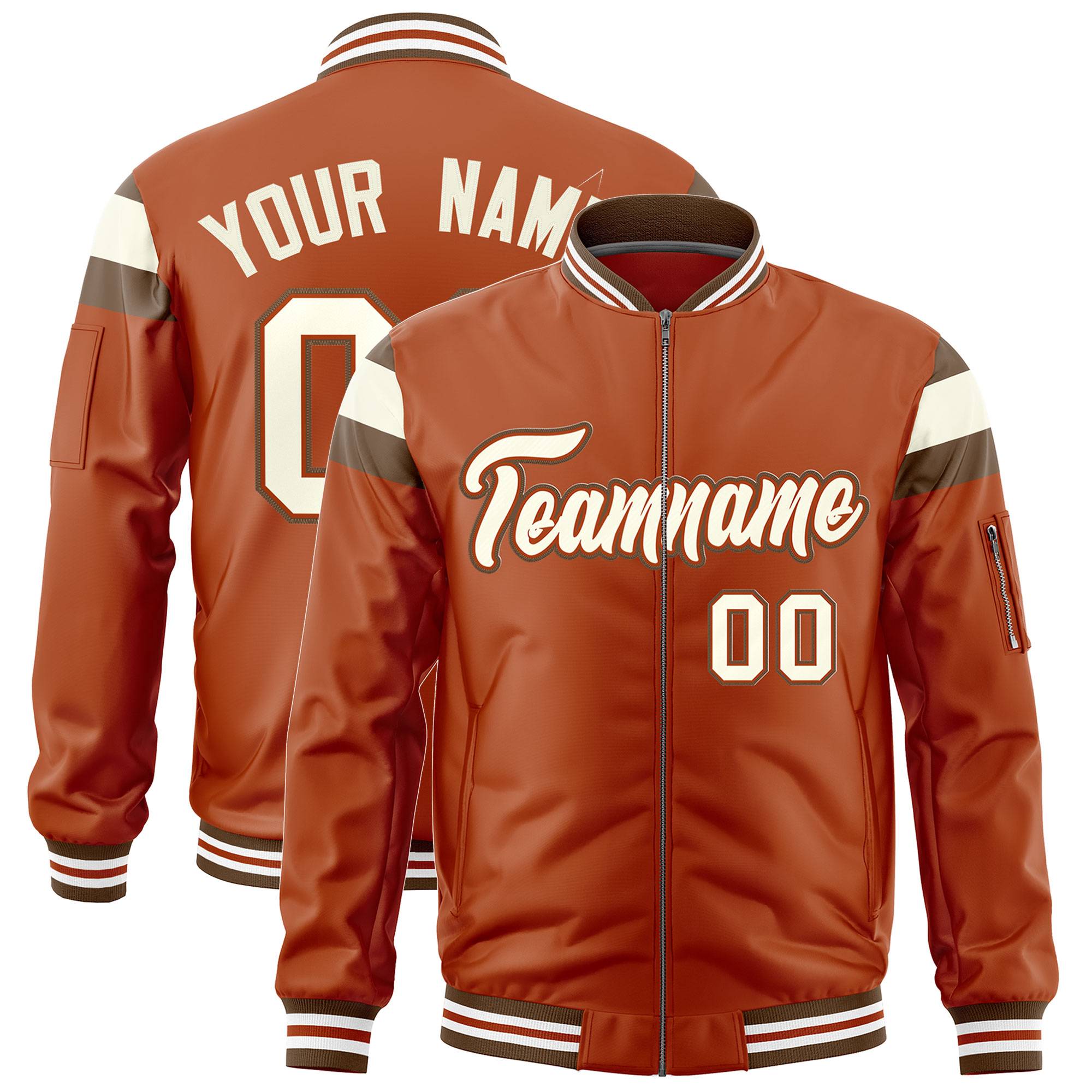 Custom Texas Orange Light Brown-Cream Varsity Full-Zip Shoulder Color Block Letterman Bomber Jacket