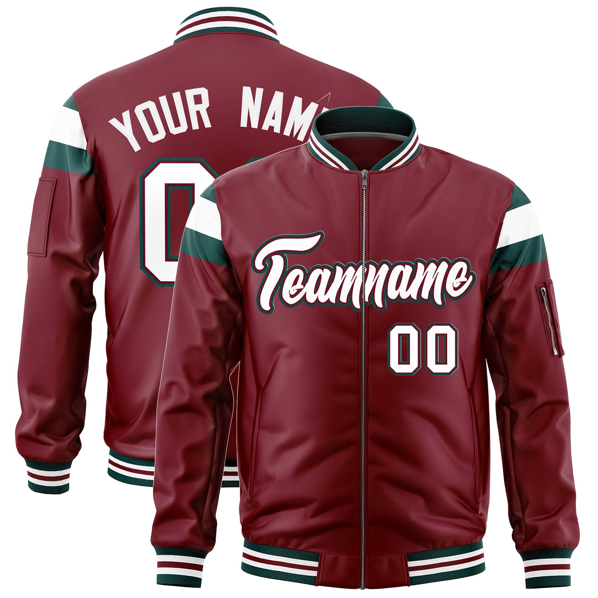 Custom Crimson Midnight Green-White Varsity Full-Zip Shoulder Color Block Letterman Bomber Jacket