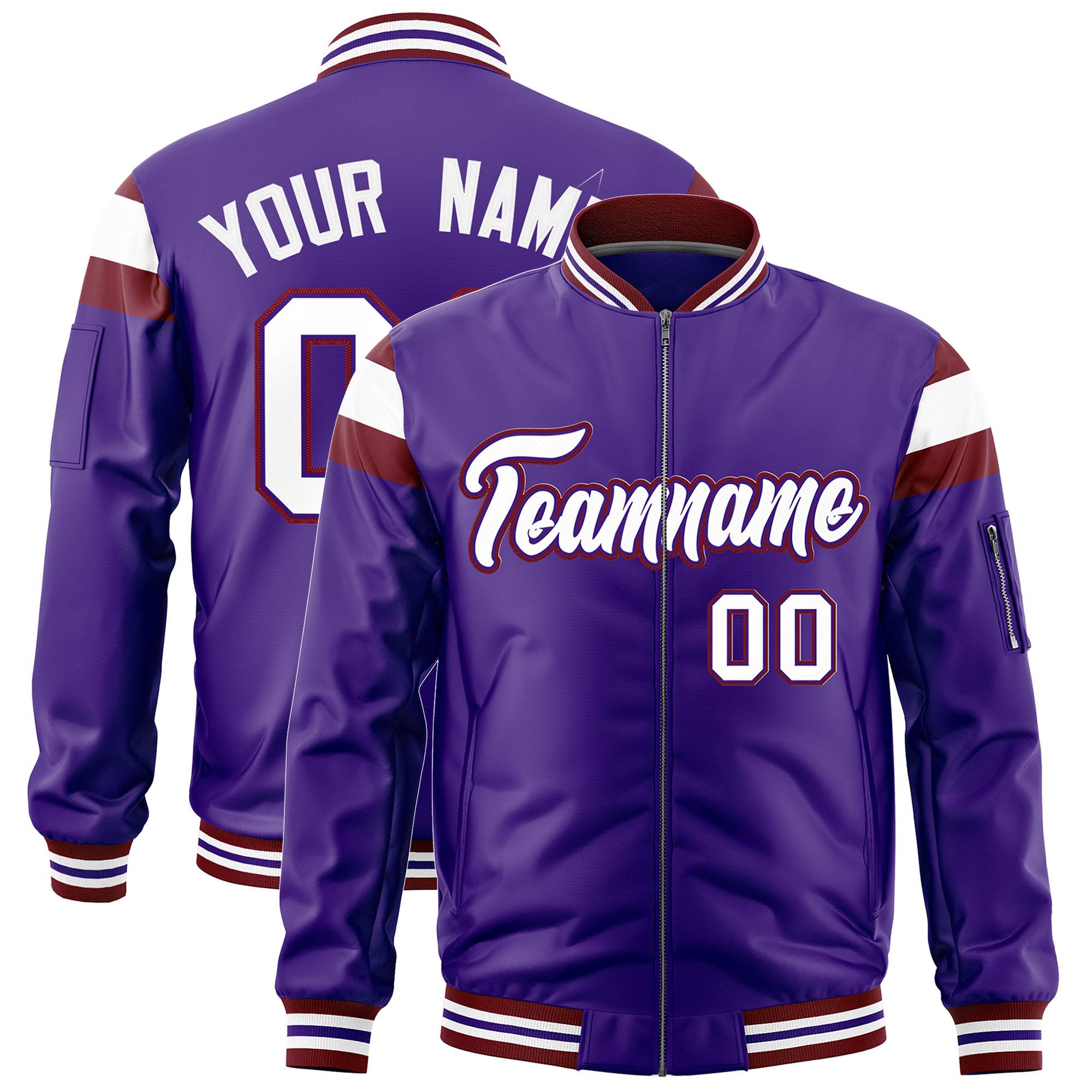 Custom Purple Crimson-White Varsity Full-Zip Shoulder Color Block Letterman Bomber Jacket