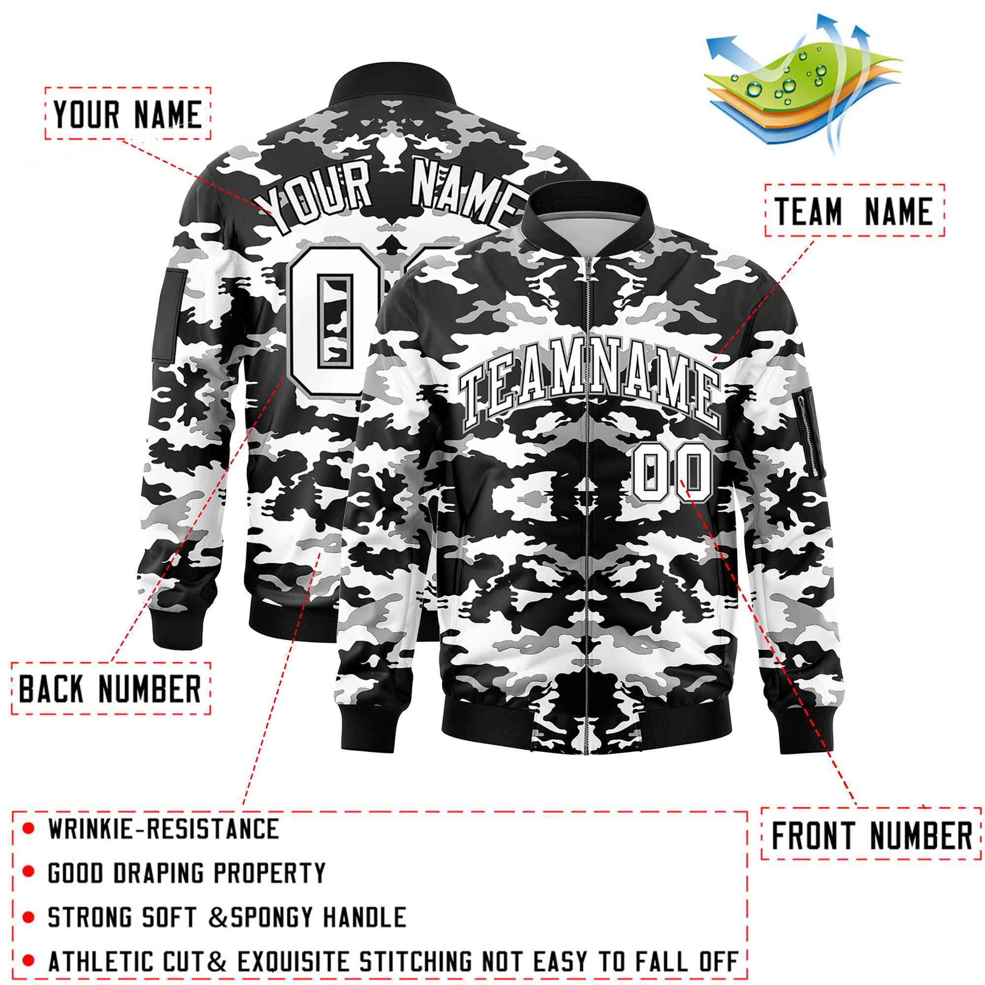 Custom Black Gray-White Varsity Full-Zip Camo Letterman Bomber Jacket