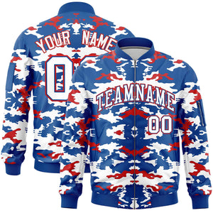 Custom Royal Red-White Varsity Full-Zip Camo Letterman Bomber Jacket