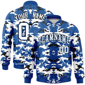 Custom Royal Black-White Varsity Full-Zip Camo Letterman Bomber Jacket