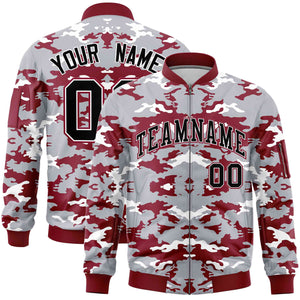 Custom Gray Crimson-White Varsity Full-Zip Camo Letterman Bomber Jacket