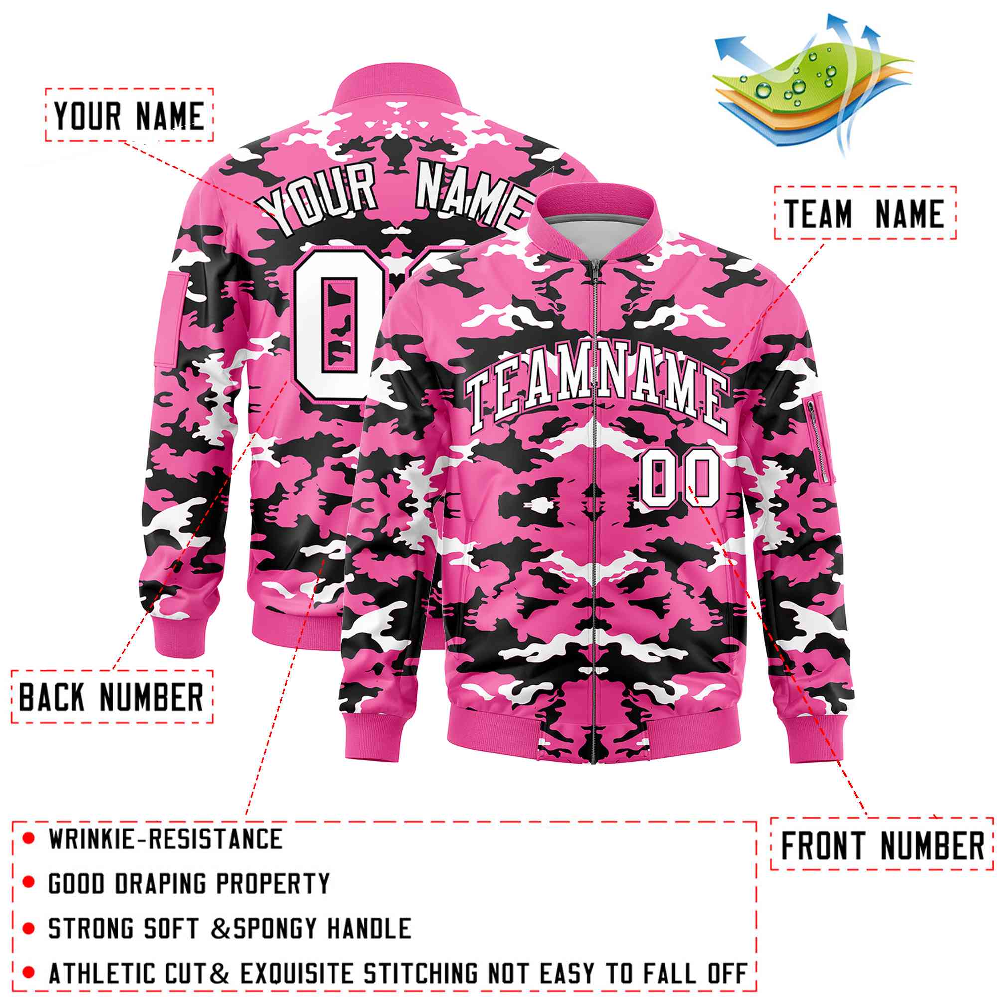 Custom Pink Black-White Varsity Full-Zip Camo Letterman Bomber Jacket