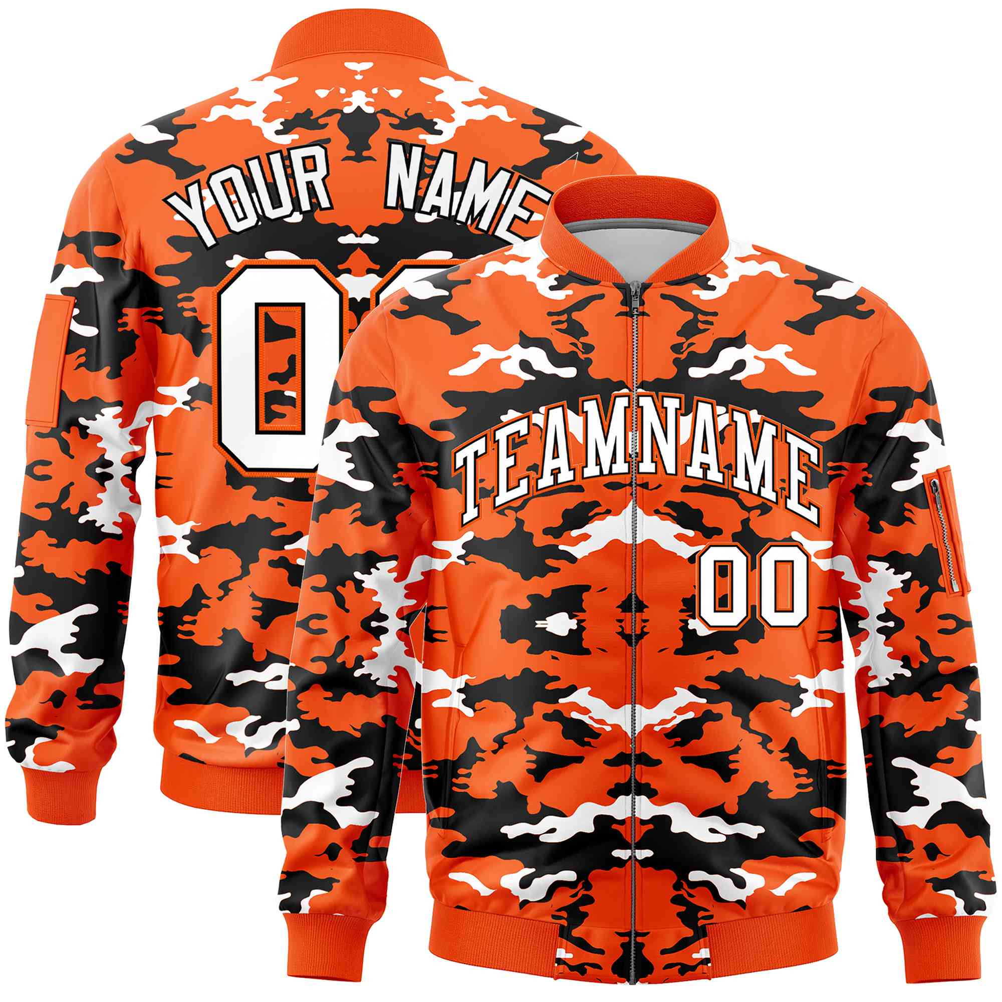 Custom Orange Black-White Varsity Full-Zip Camo Letterman Bomber Jacket