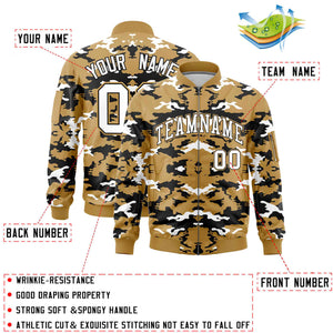 Custom Old Gold Black-White Varsity Full-Zip Camo Letterman Bomber Jacket