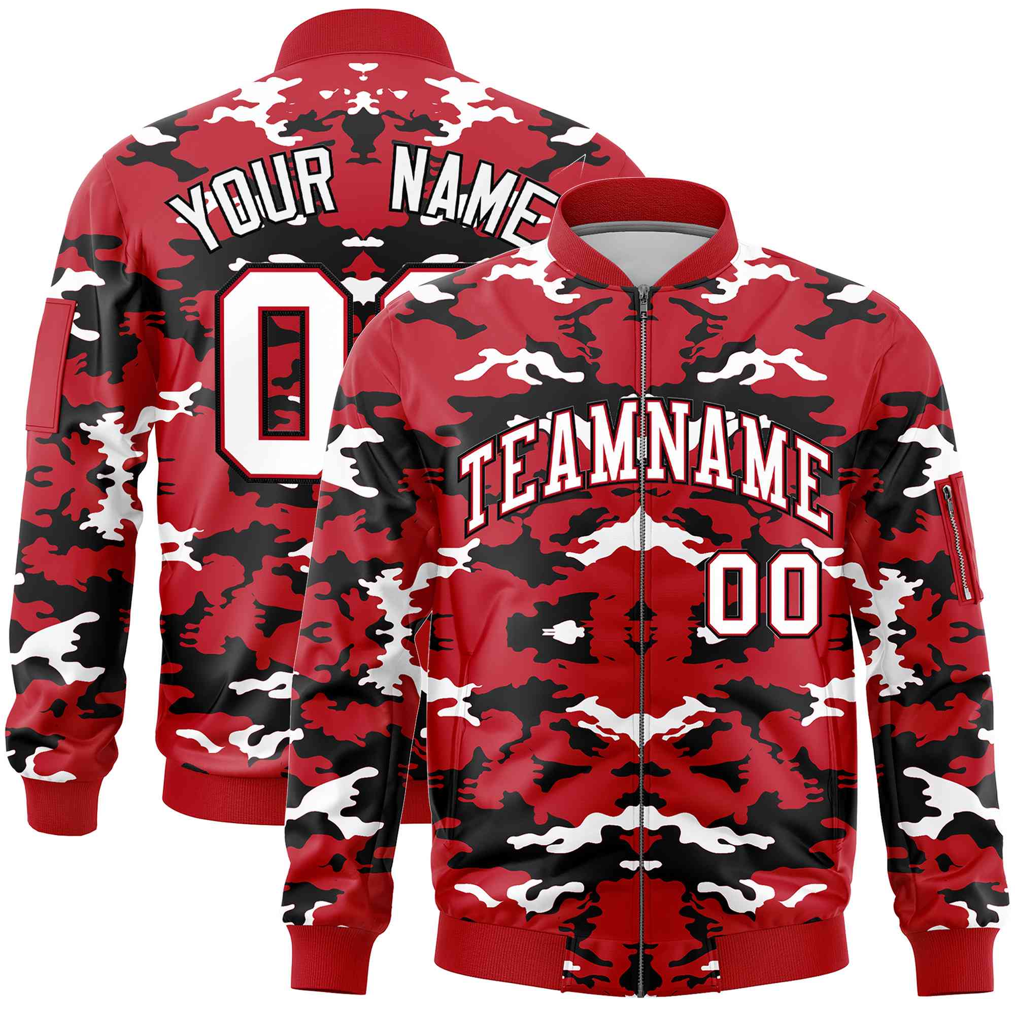 Custom Red Black-White Varsity Full-Zip Camo Letterman Bomber Jacket