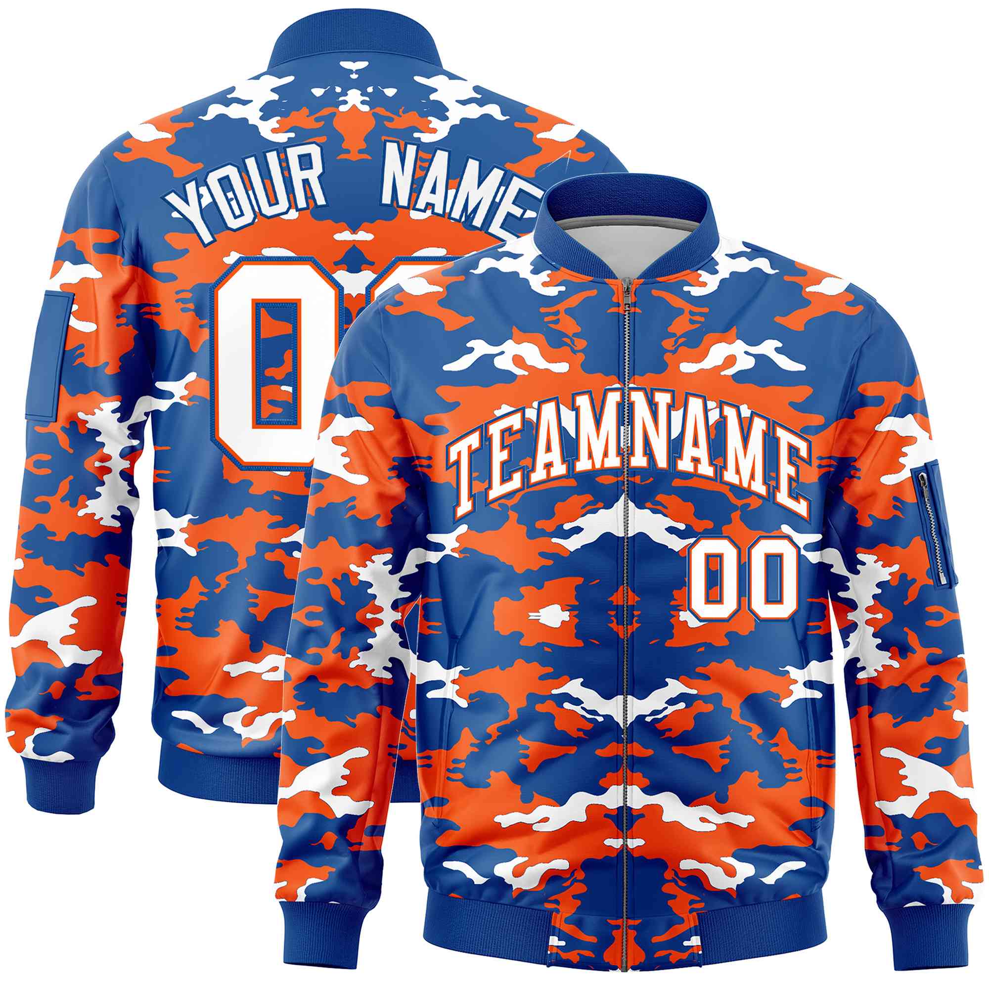 Custom Royal Orange-White Varsity Full-Zip Camo Letterman Bomber Jacket