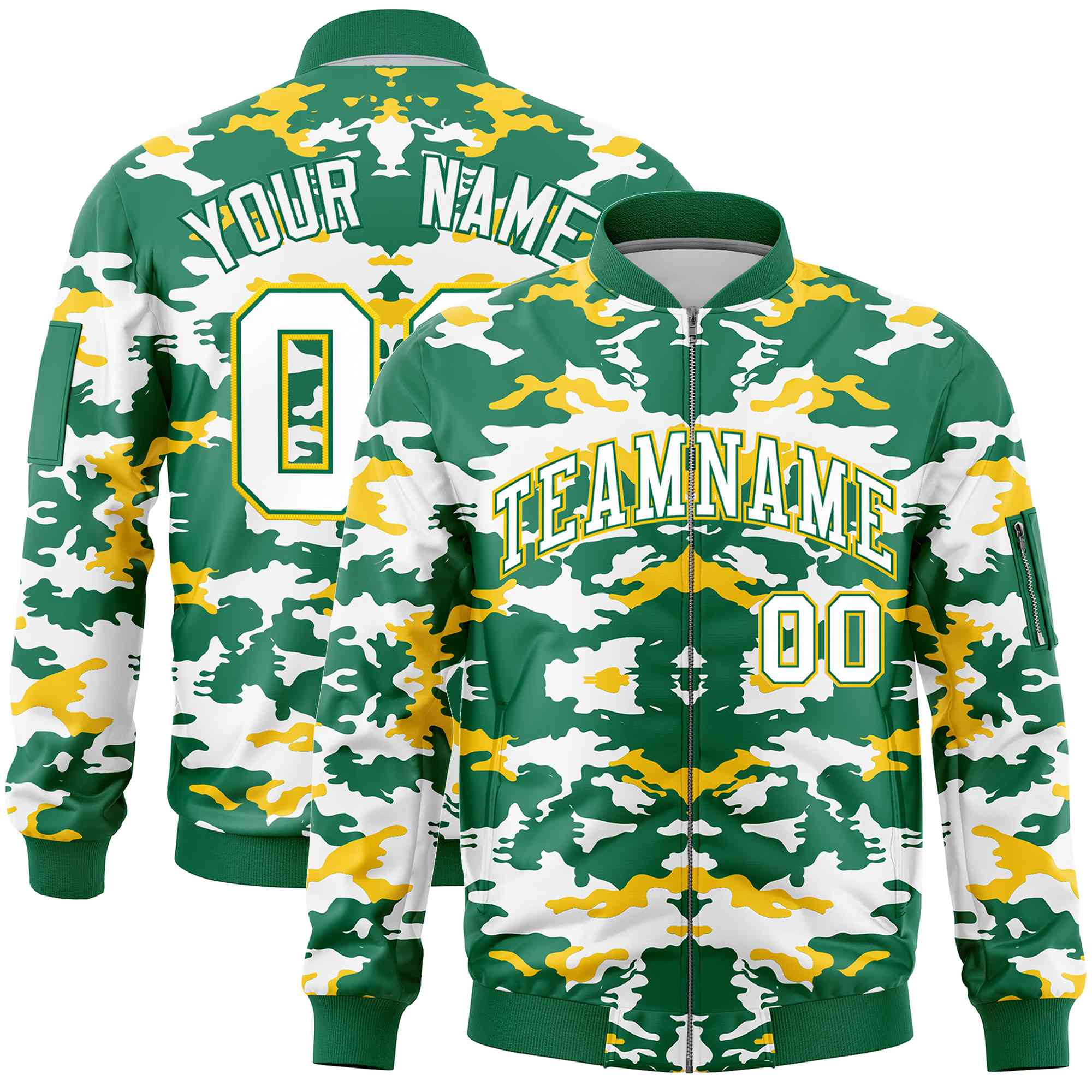 Custom Kelly Green Yellow-White Varsity Full-Zip Camo Letterman Bomber Jacket