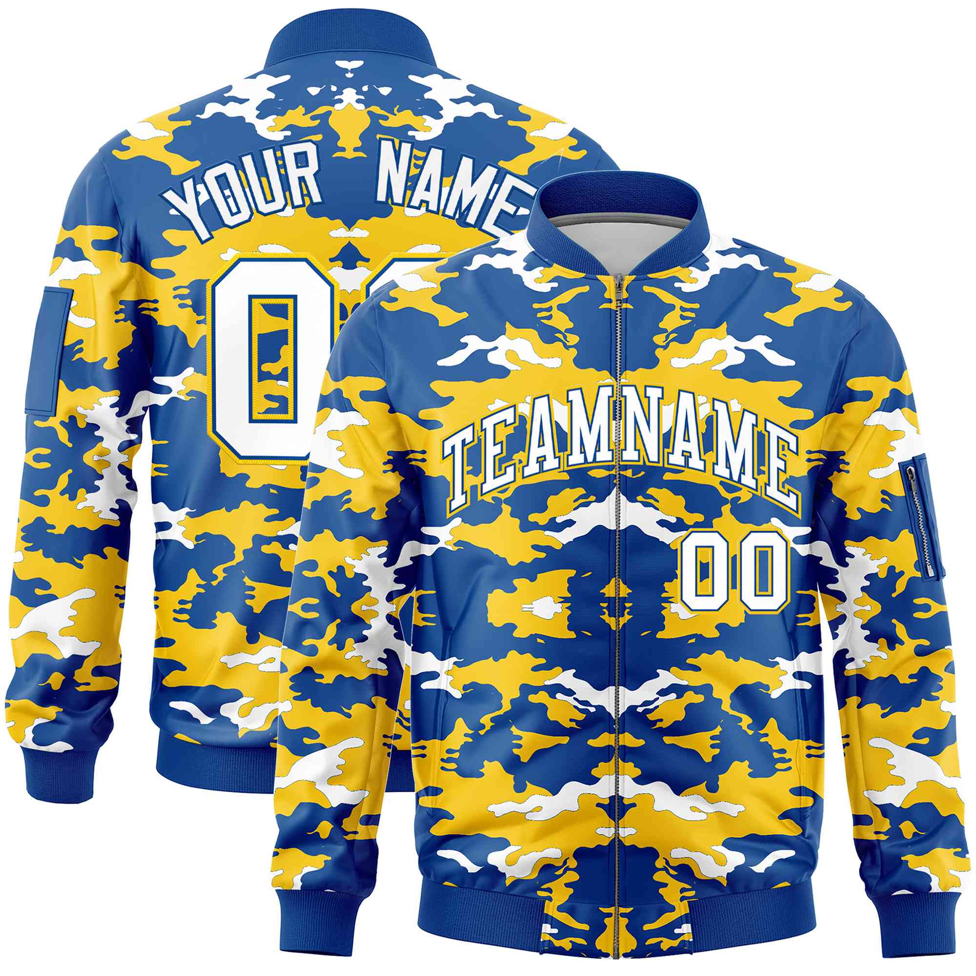 Custom Royal Yellow-White Varsity Full-Zip Camo Letterman Bomber Jacket