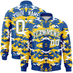 Custom Royal Yellow-White Varsity Full-Zip Camo Letterman Bomber Jacket