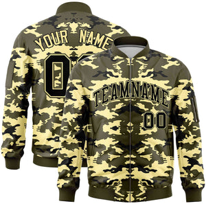 Custom Olive Black-Khaki Varsity Full-Zip Camo Letterman Bomber Jacket