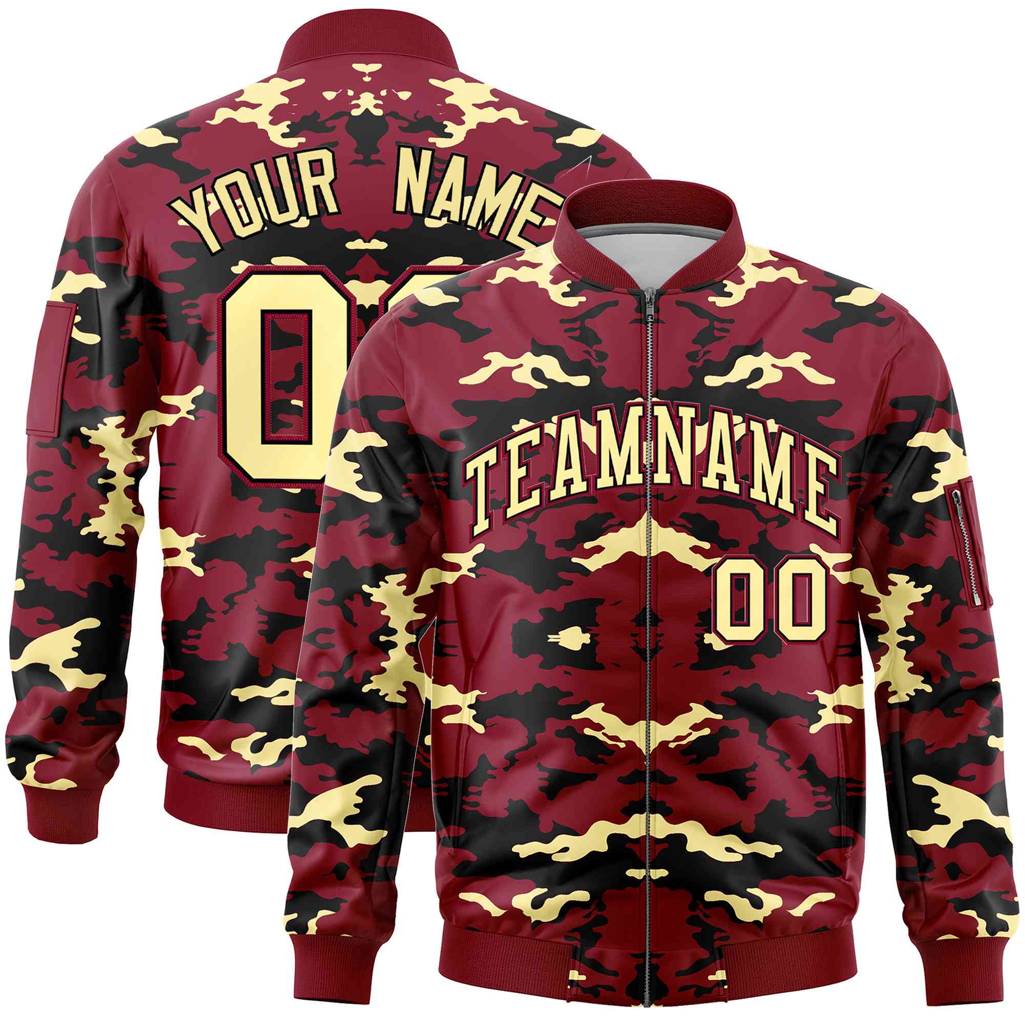 Custom Crimson Black-Khaki Varsity Full-Zip Camo Letterman Bomber Jacket