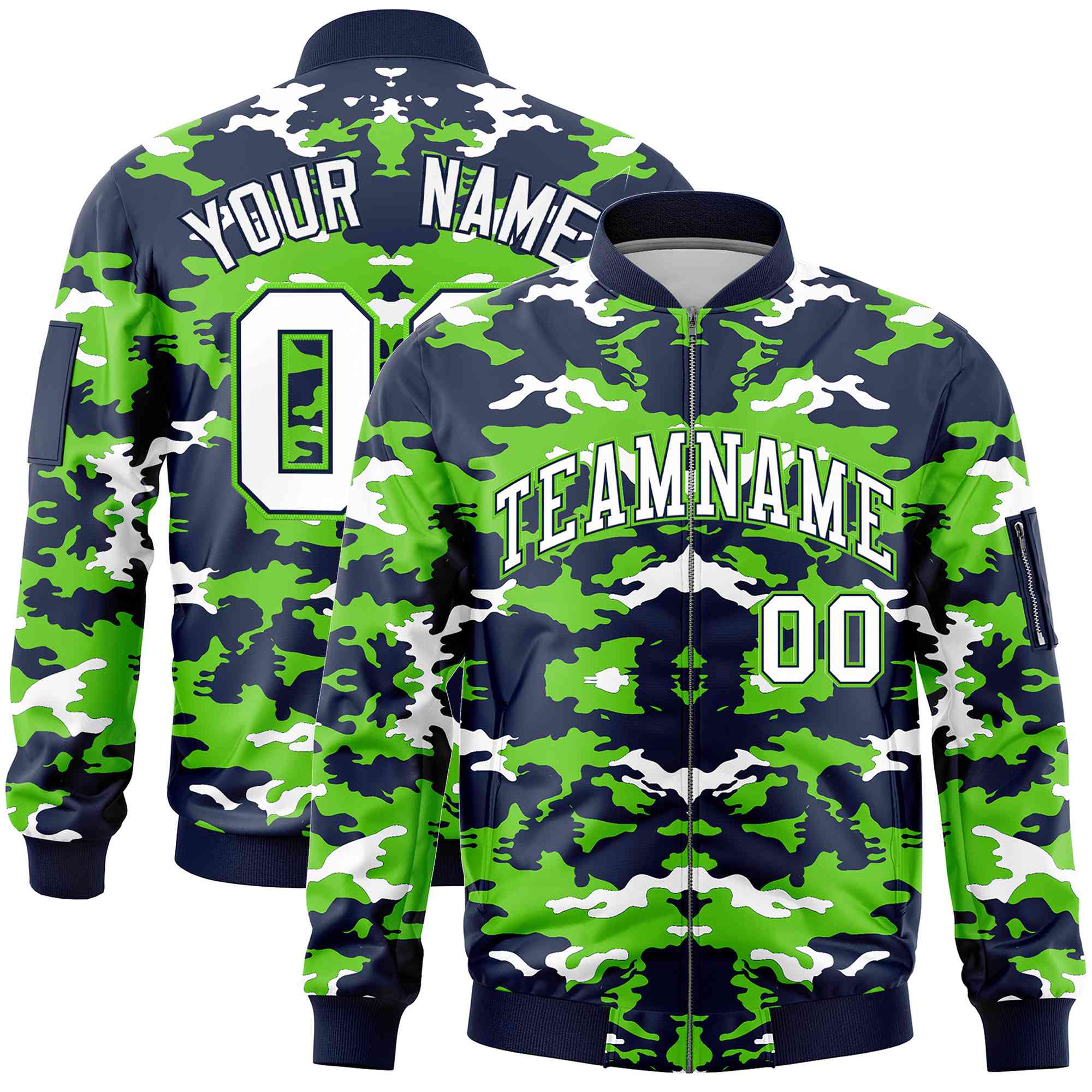 Custom Navy Neon Green-White Varsity Full-Zip Camo Letterman Bomber Jacket