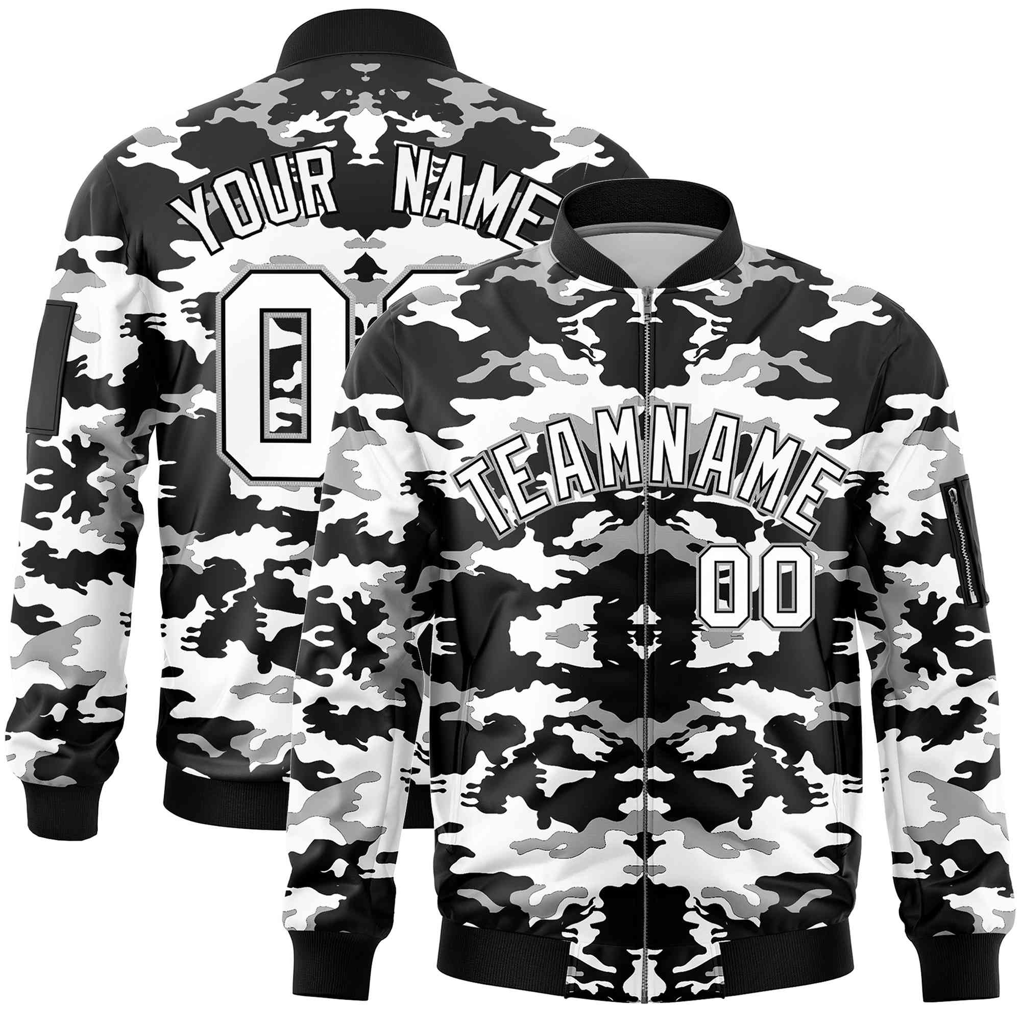 Custom Black Gray-White Varsity Full-Zip Camo Letterman Bomber Jacket