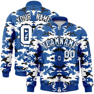 Custom Royal Black-White Varsity Full-Zip Camo Letterman Bomber Jacket