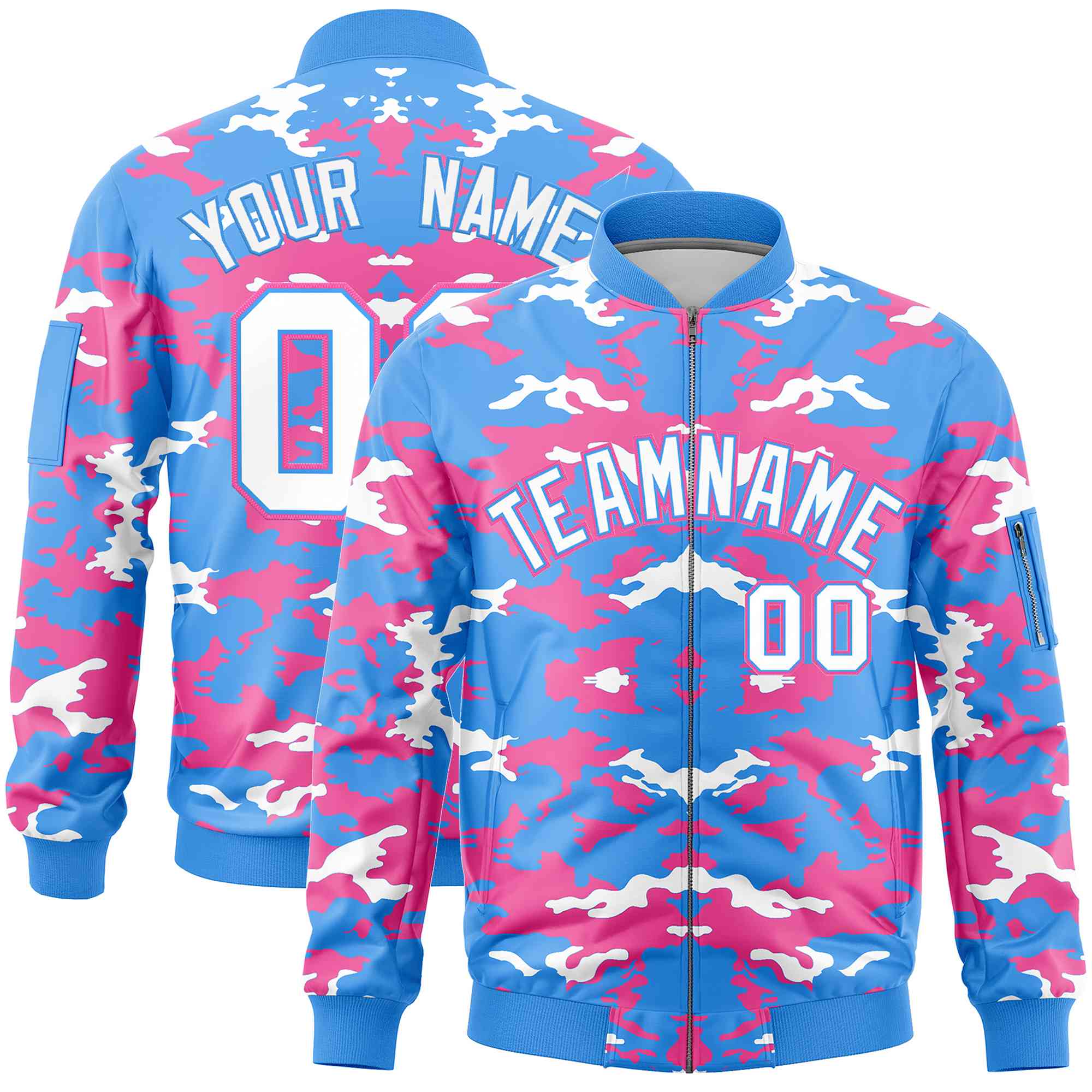 Custom Powder Blue Pink-White Varsity Full-Zip Camo Letterman Bomber Jacket