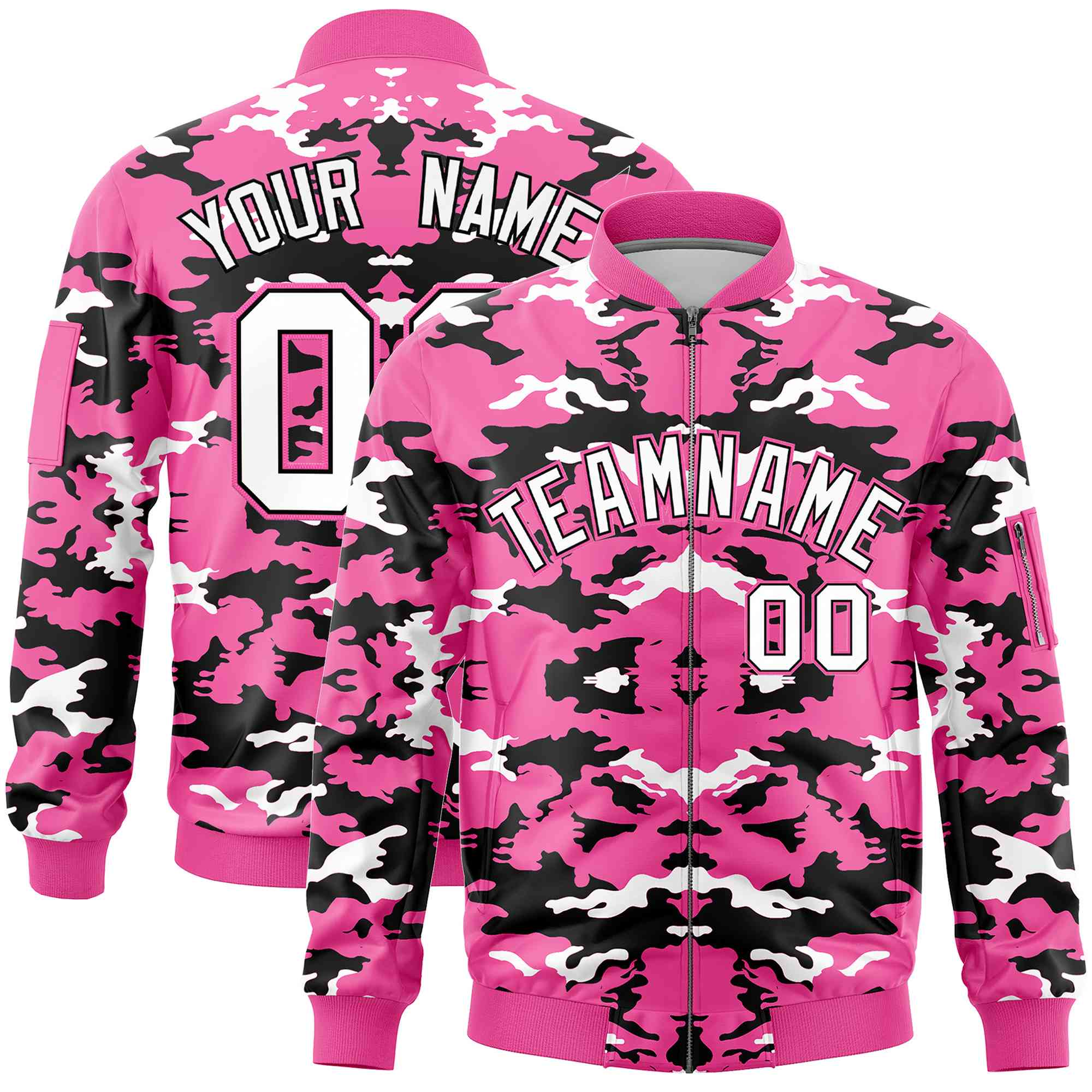 Custom Pink Black-White Varsity Full-Zip Camo Letterman Bomber Jacket