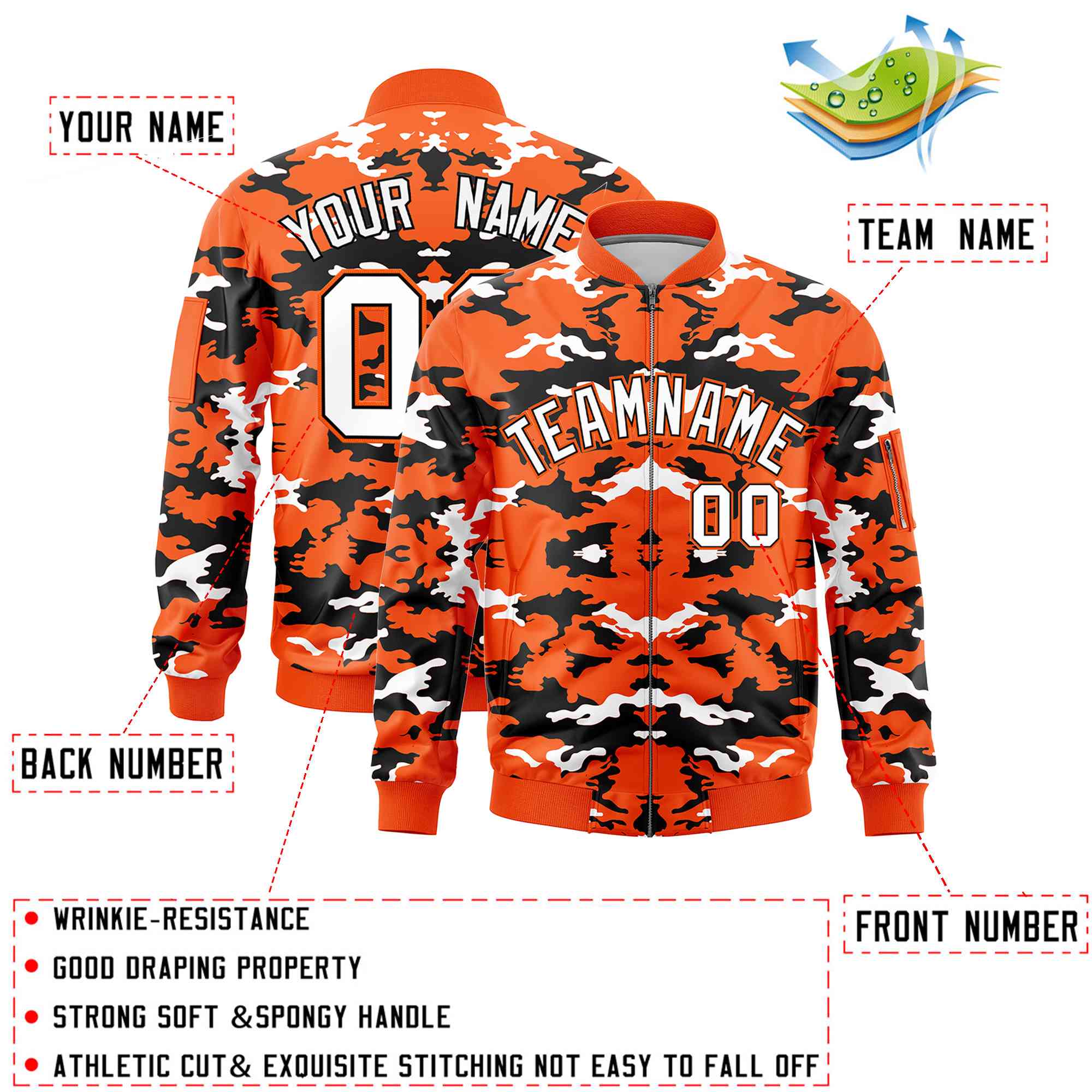 Custom Orange Black-White Varsity Full-Zip Camo Letterman Bomber Jacket