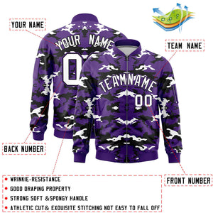 Custom Purple Black-White Varsity Full-Zip Camo Letterman Bomber Jacket