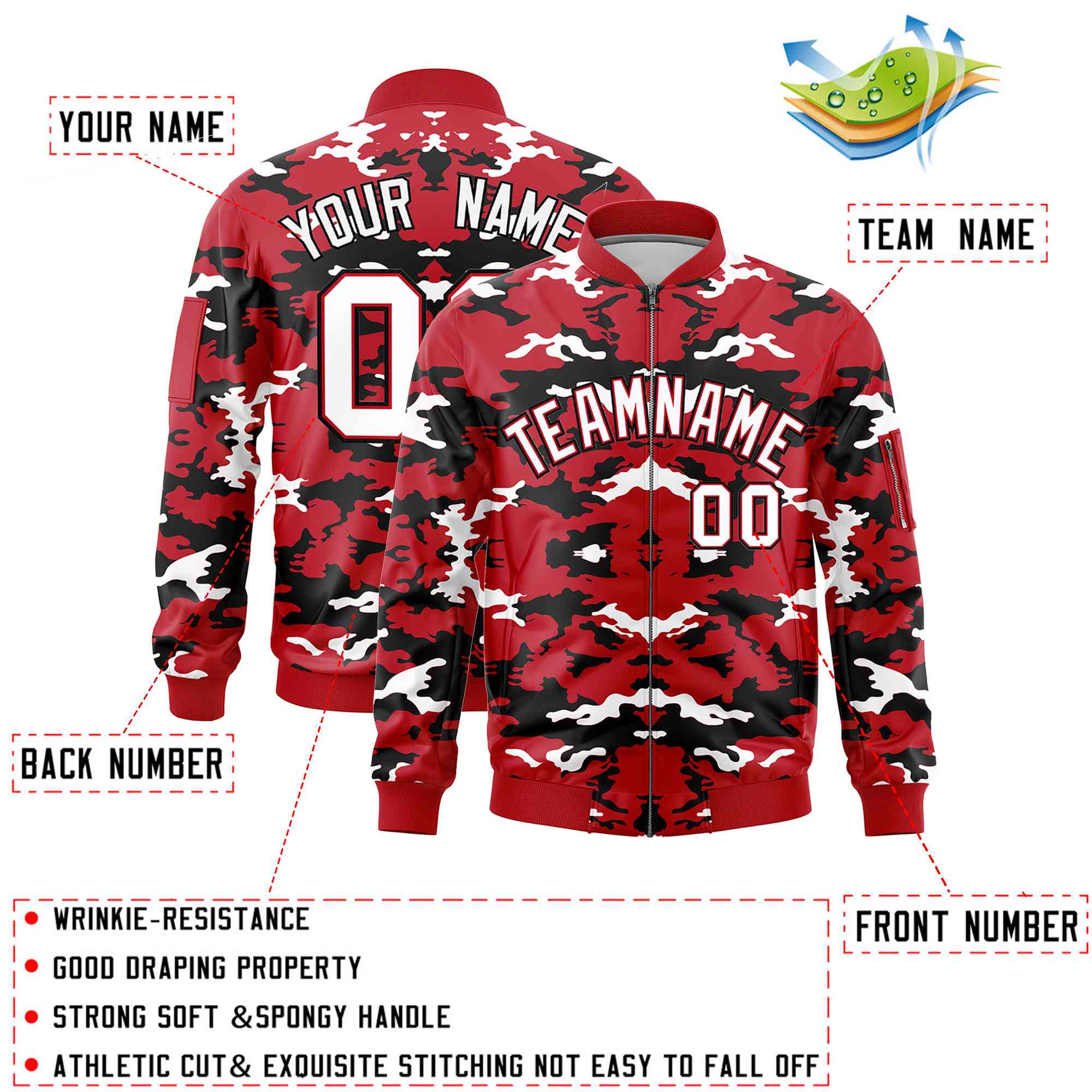 Custom Red Black-White Varsity Full-Zip Camo Letterman Bomber Jacket