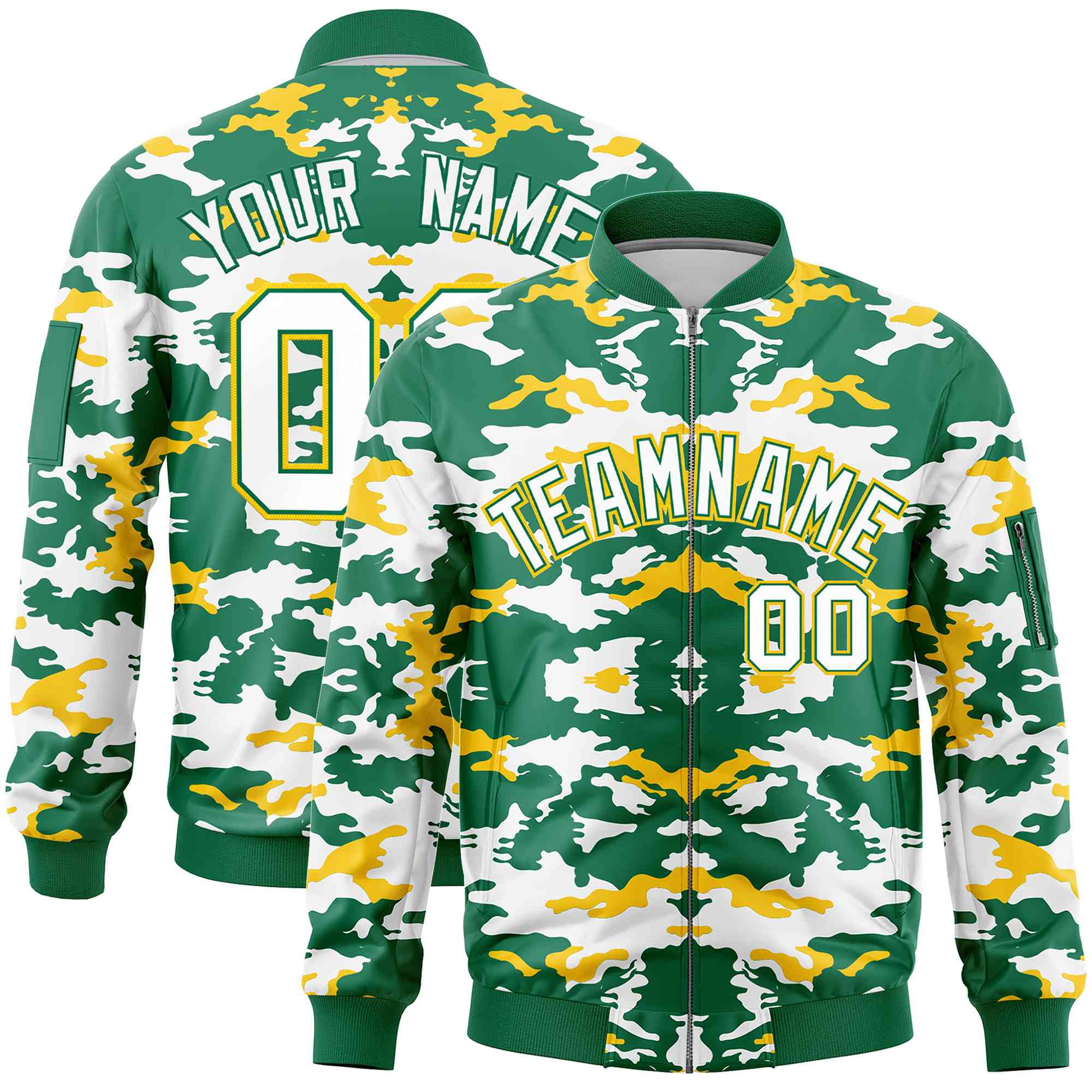 Custom Kelly Green Yellow-White Varsity Full-Zip Camo Letterman Bomber Jacket