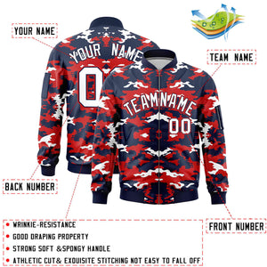 Custom Navy Red-White Varsity Full-Zip Camo Letterman Bomber Jacket