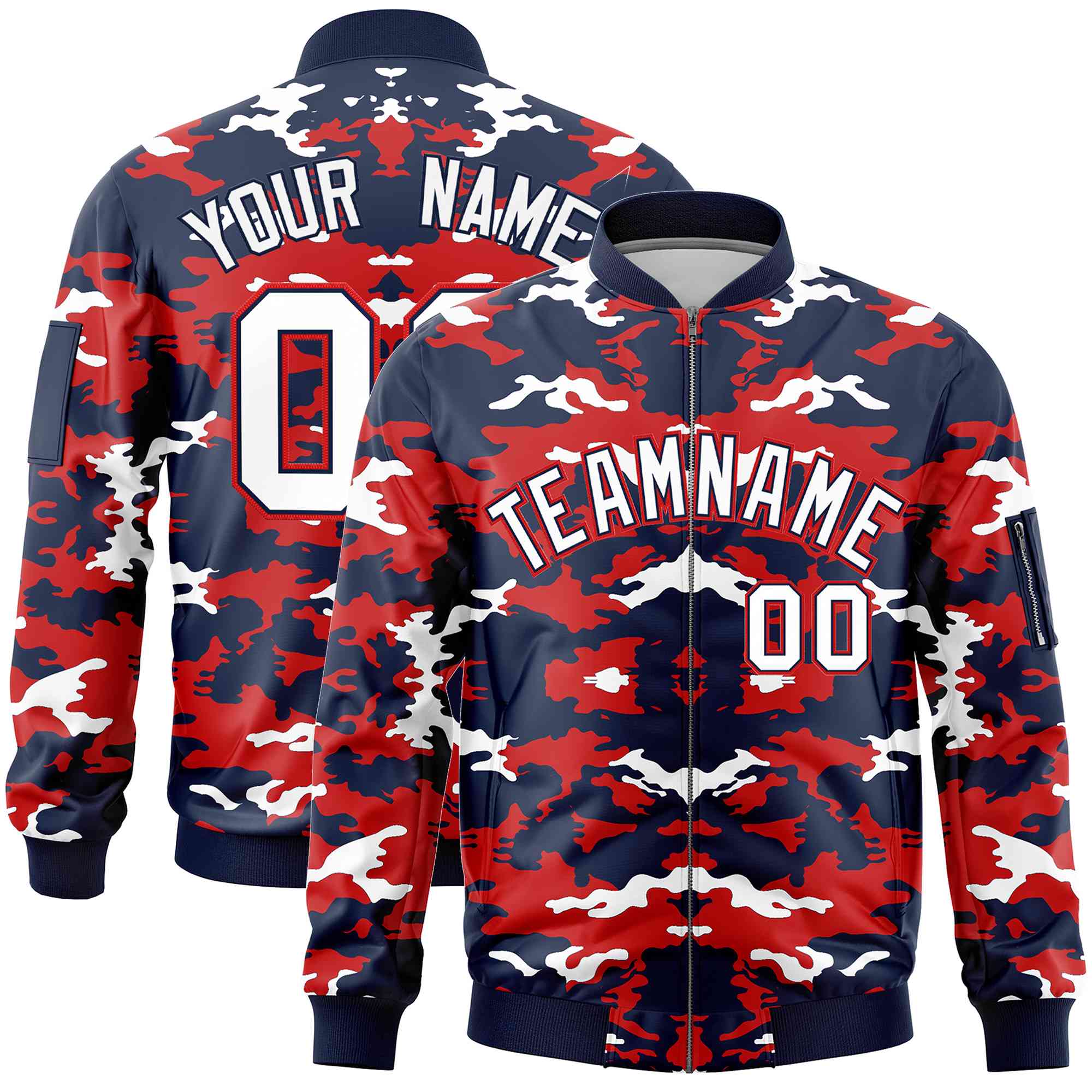 Custom Navy Red-White Varsity Full-Zip Camo Letterman Bomber Jacket