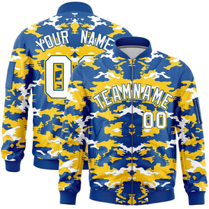 Custom Royal Yellow-White Varsity Full-Zip Camo Letterman Bomber Jacket